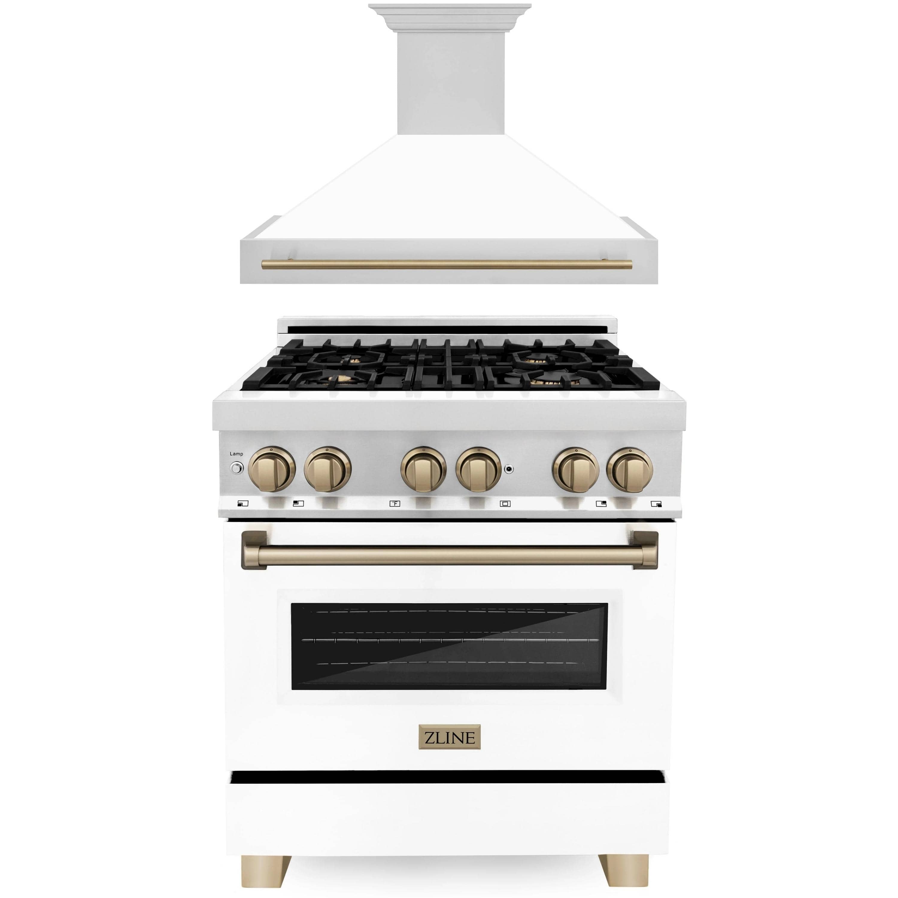 Stainless steel dual fuel range with white door, bronze knobs, and wall hood