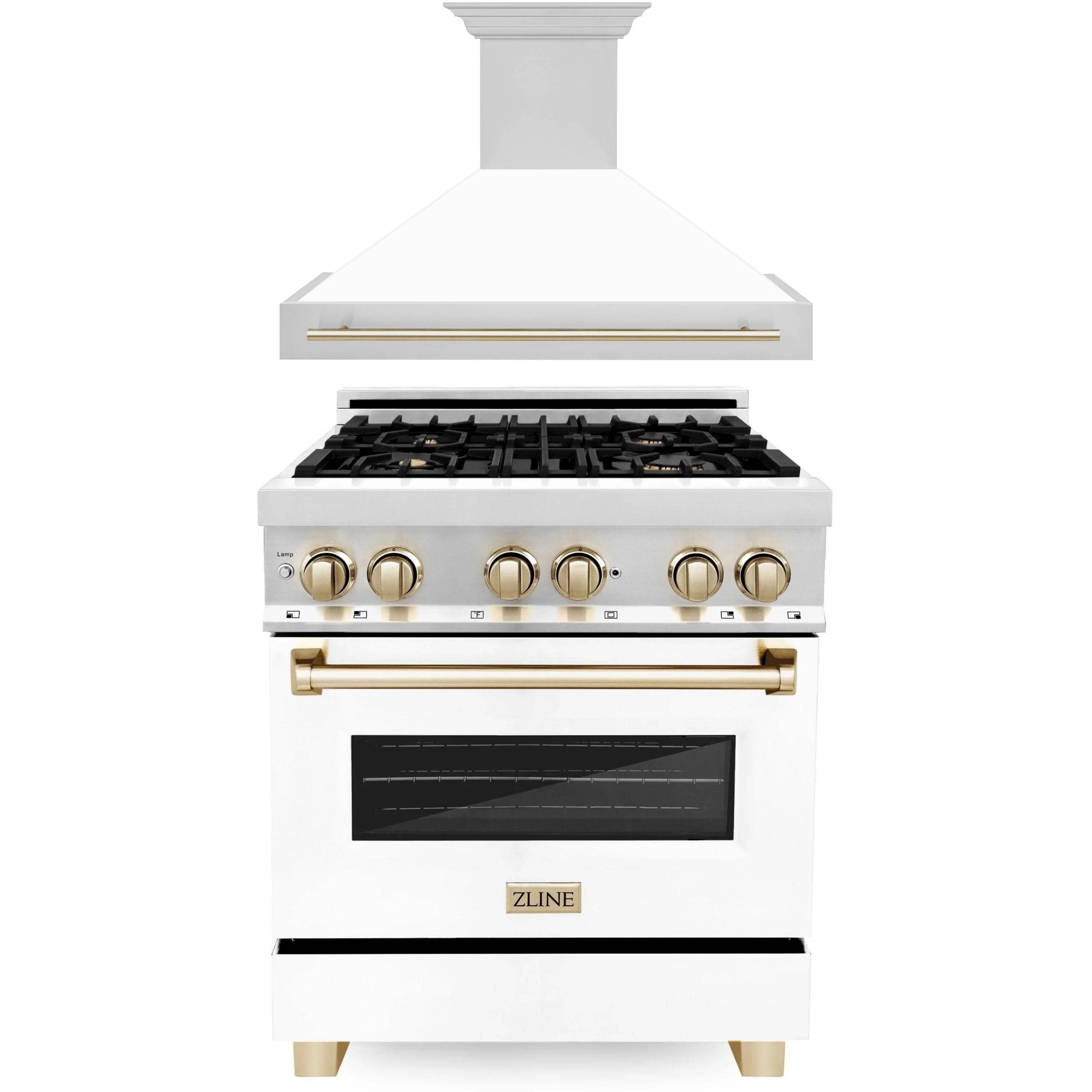 Stainless and white dual fuel range with wall hood, gold knobs, ZLINE logo