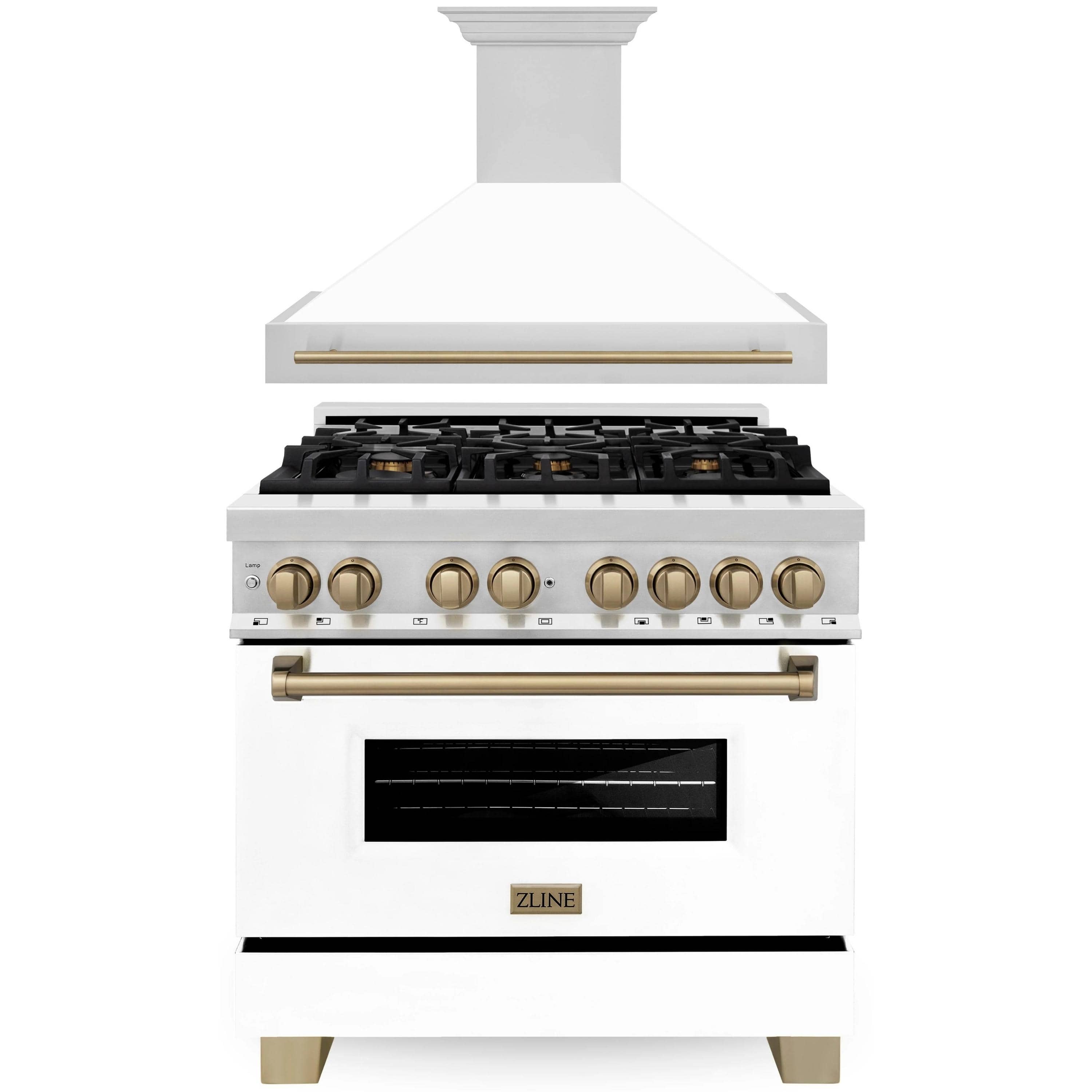 Dual fuel range with white body, black grates, gold control knobs, and oven window