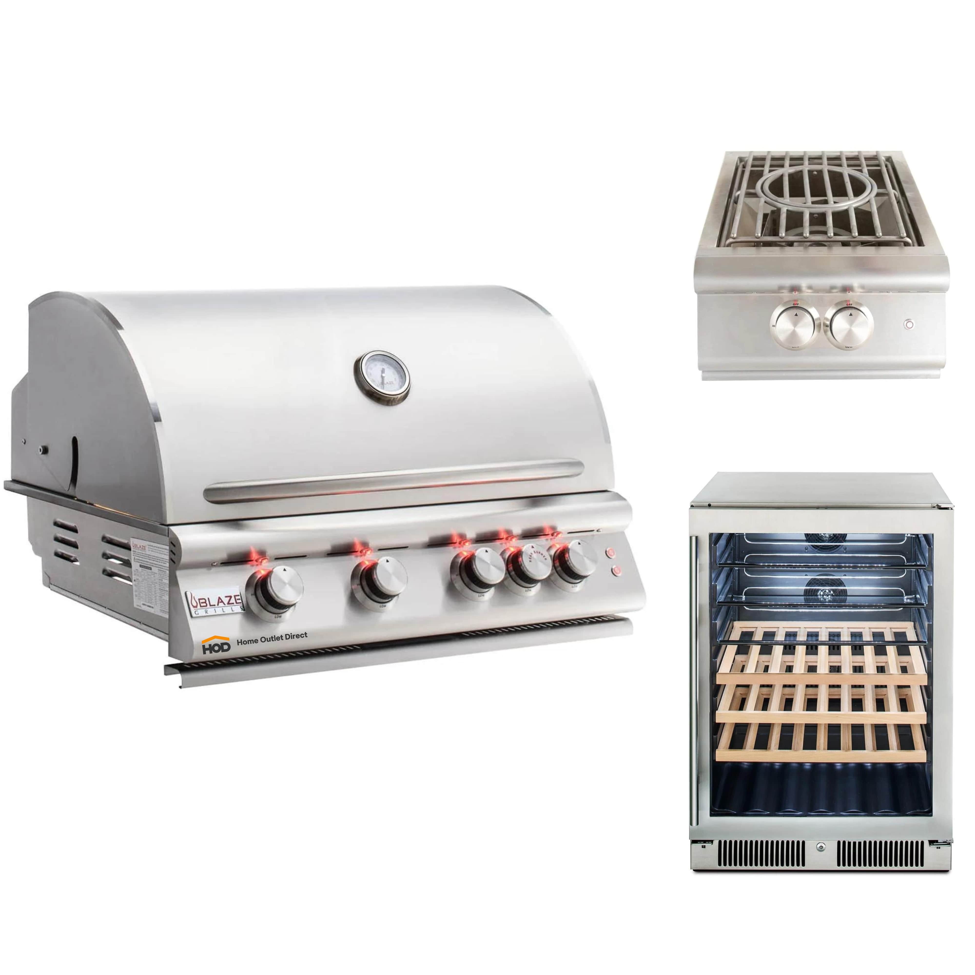 Stainless steel built-in propane grill with control knobs and side burner