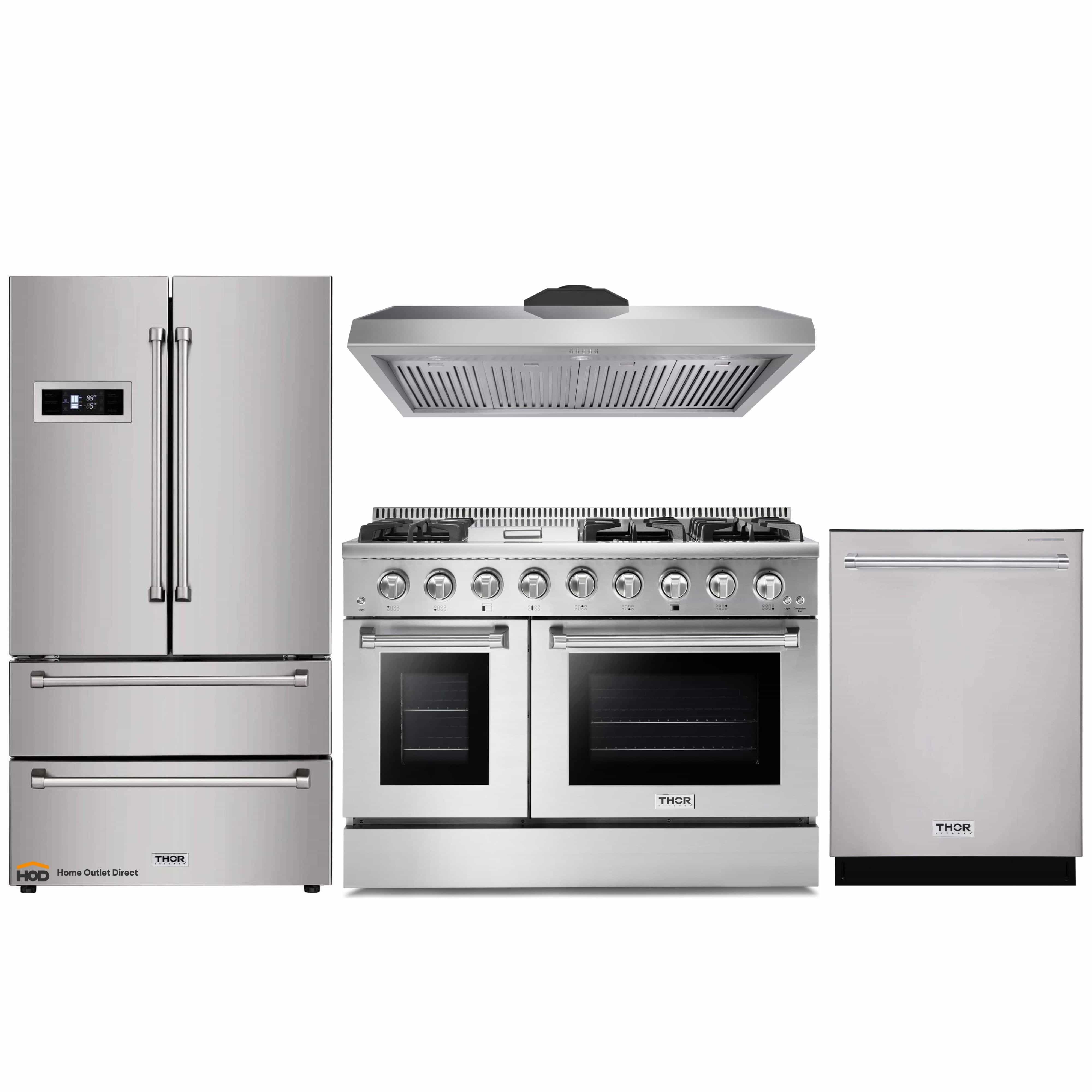 Thor Kitchen 4 Piece Pro Appliance Package 48 Gas Range French Door Refrigerator And Dishwasher In Stainless Steel