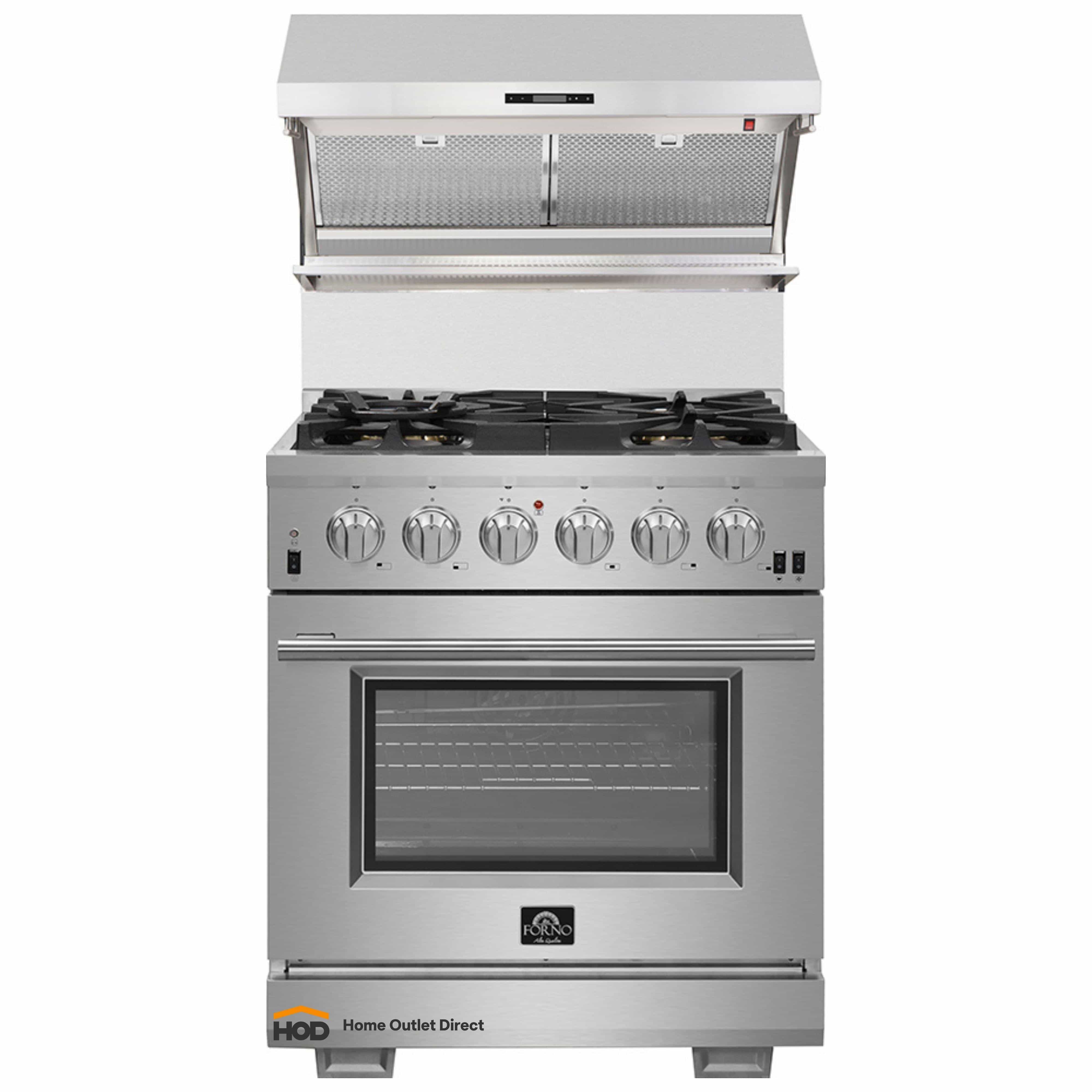 Stainless steel gas range with front burners, oven window, and control knobs