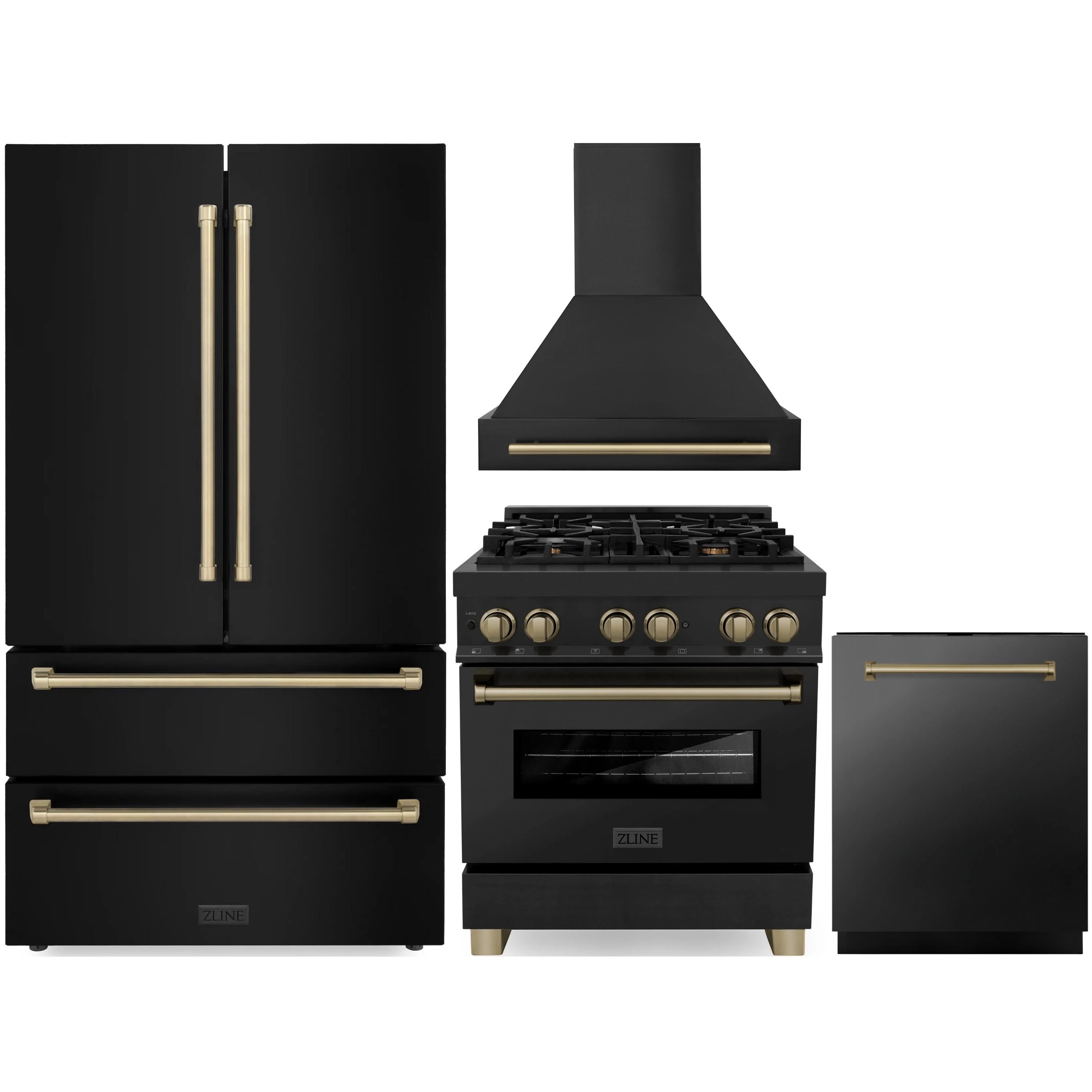 Black appliance bundle featuring range hood, dual fuel range, refrigerator doors, and dishwasher
