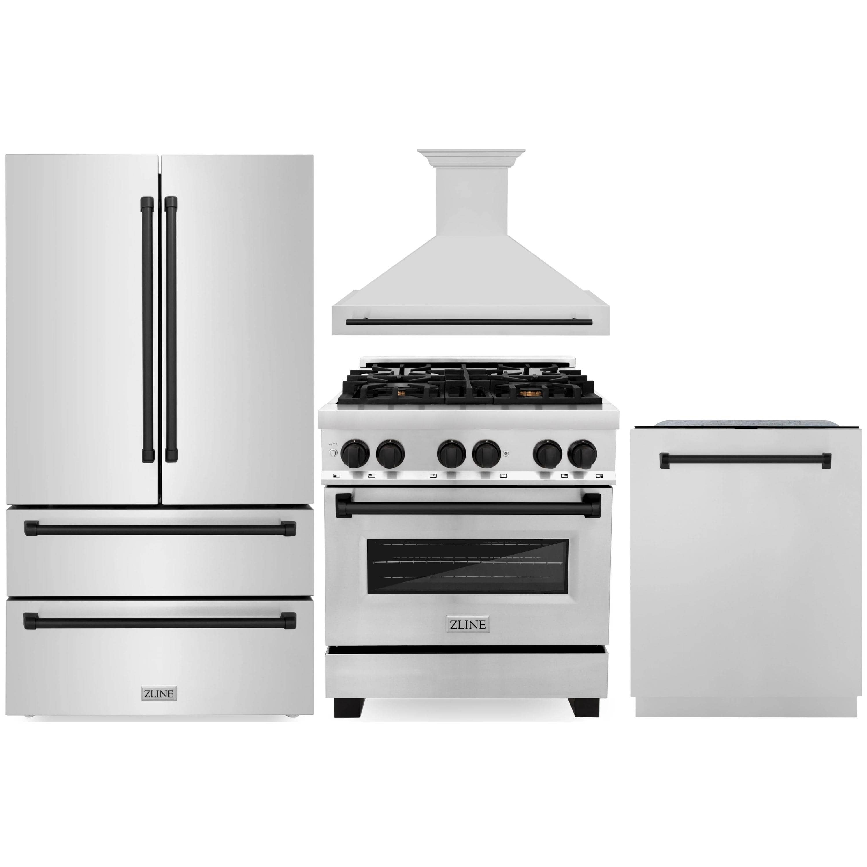 White dual-fuel range with wall range hood and matching dishwasher unit