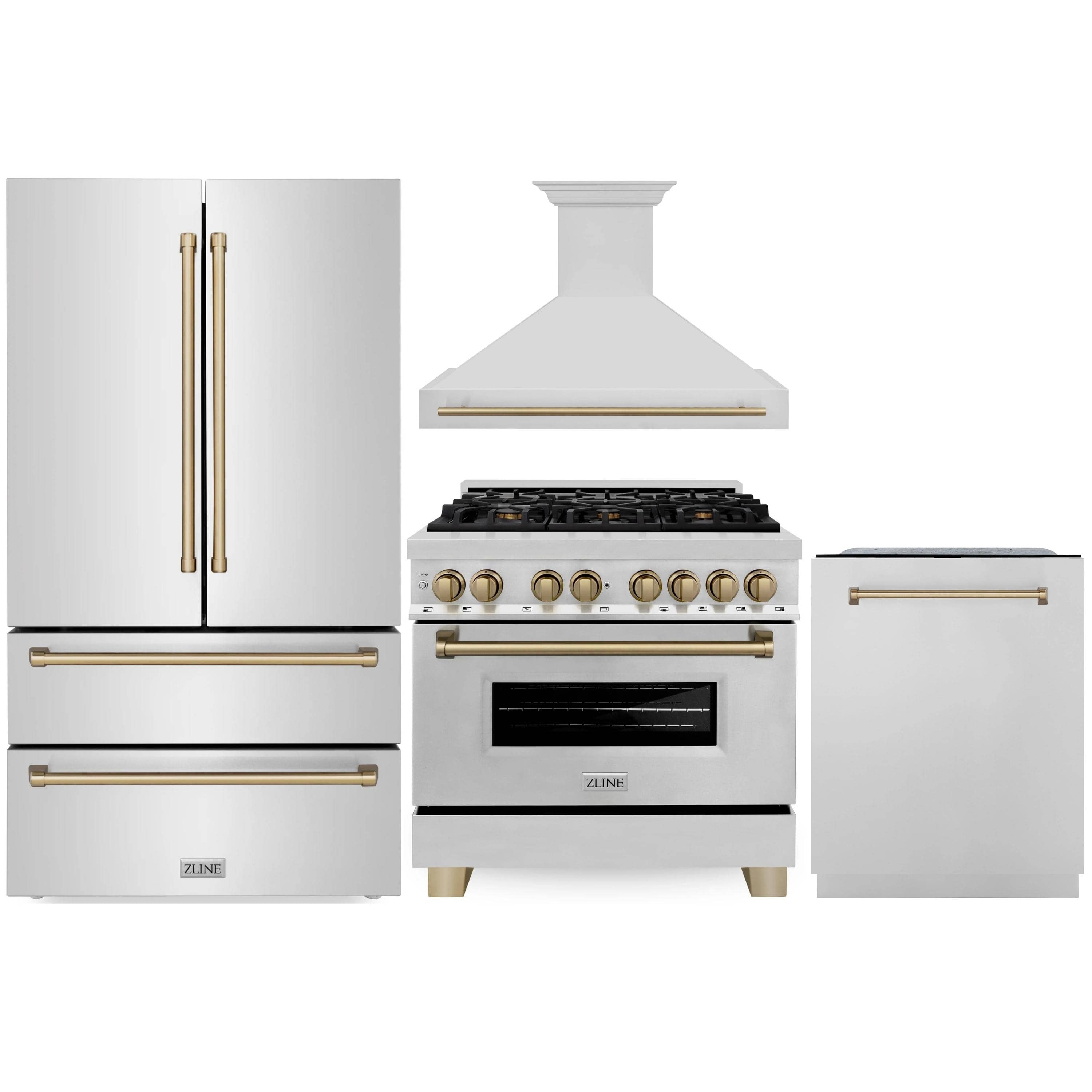 Kitchen appliance package featuring refrigerator, dual-fuel range, wall hood, and dishwasher