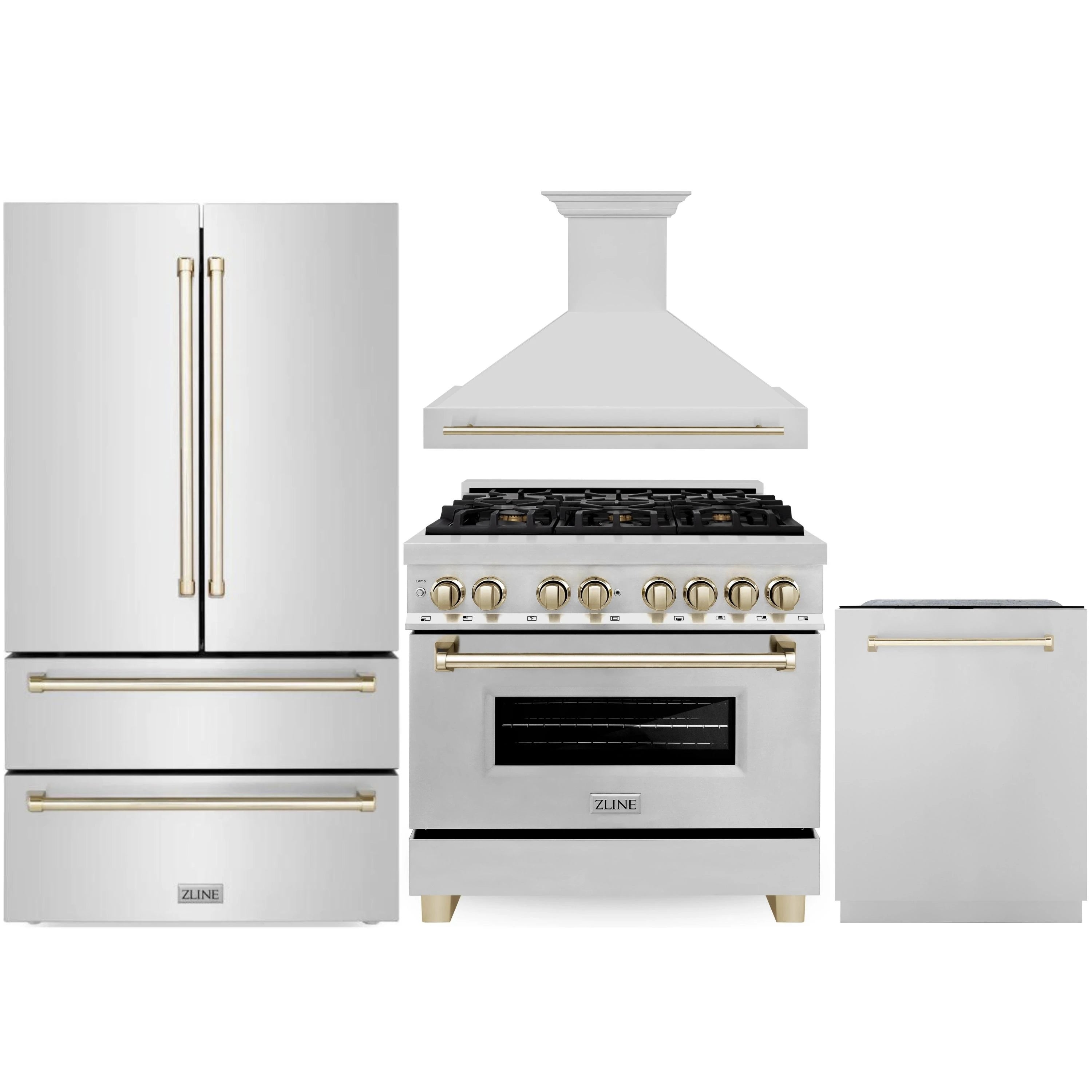 Stainless kitchen appliance set with range hood, dual fuel range, and dishwasher drawer