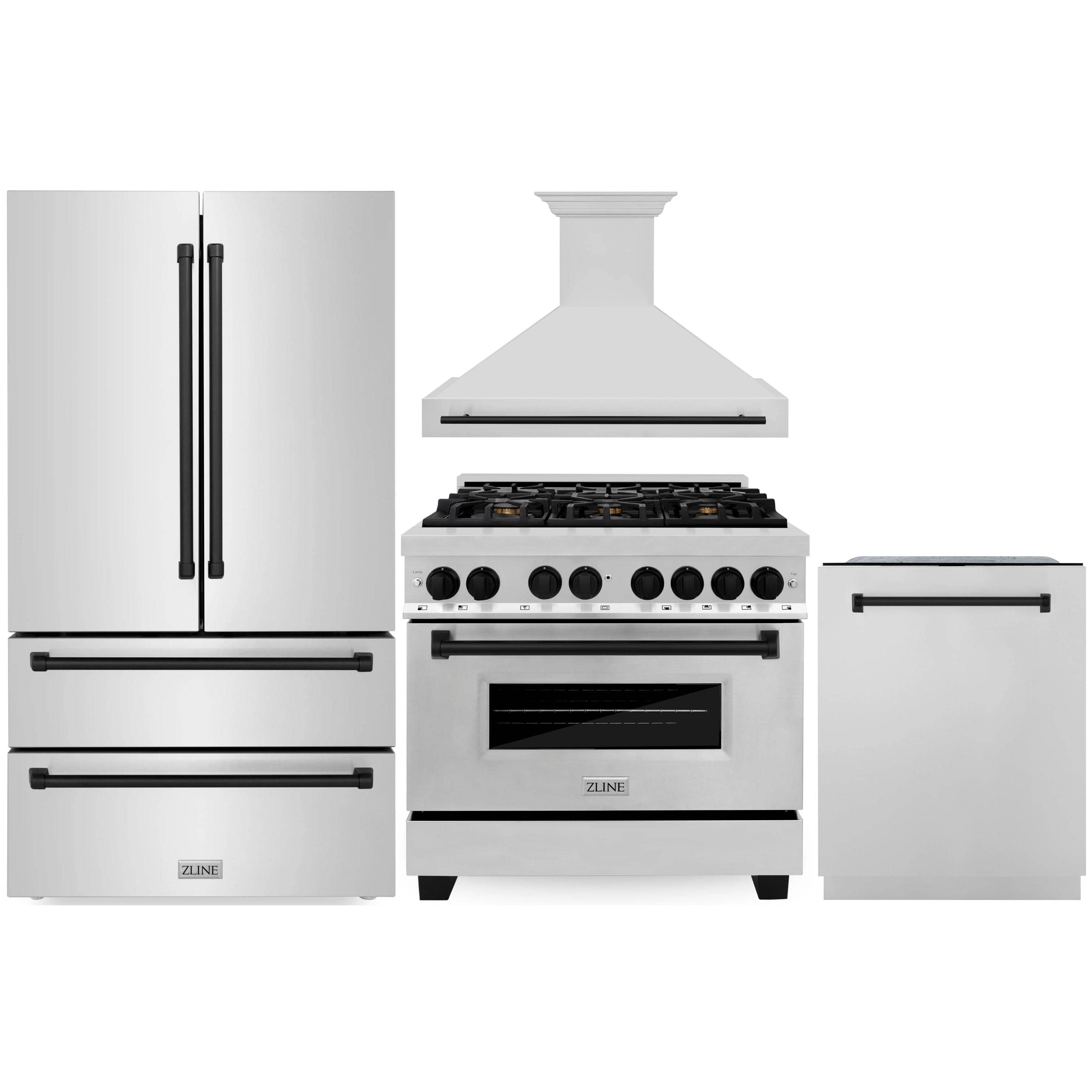 Kitchen appliance set with dual fuel range, wall hood, and built-in dishwasher