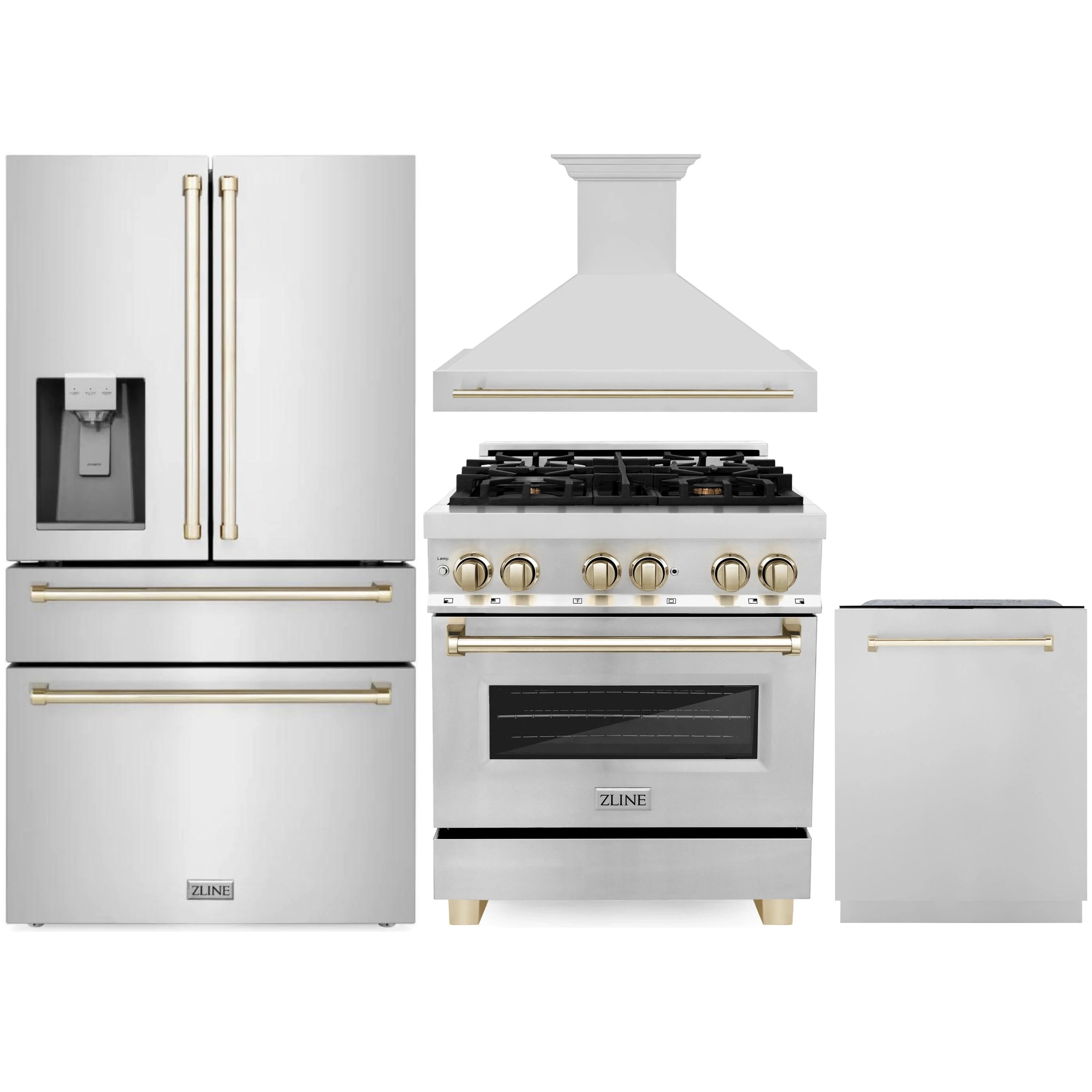 Stainless kitchen appliance set with gold accents: range, refrigerator, hood, and dishwasher