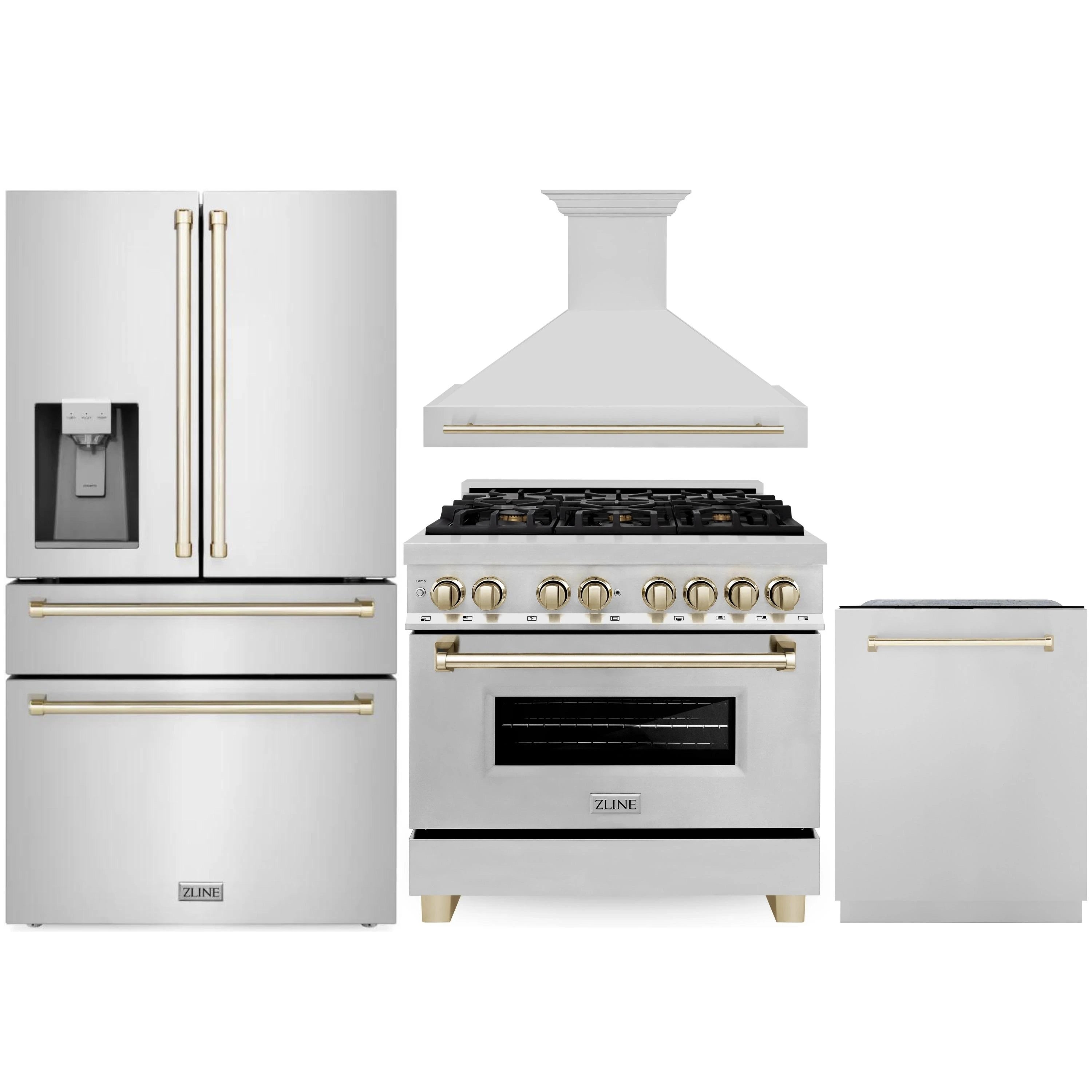 Stainless steel dual fuel range with gold control accents and wall-mount range hood