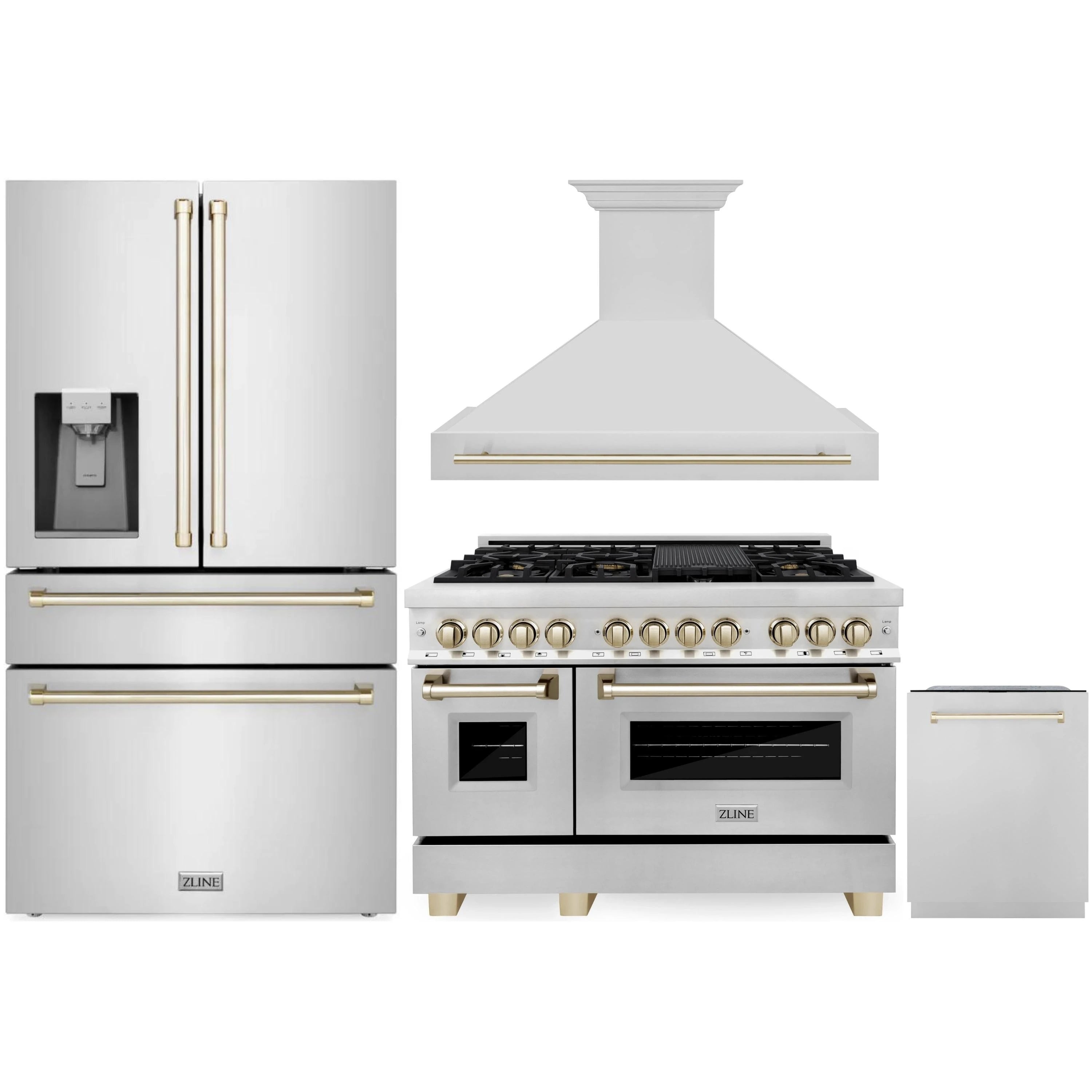 Stainless steel range with gold accents, wall hood, and side refrigerator