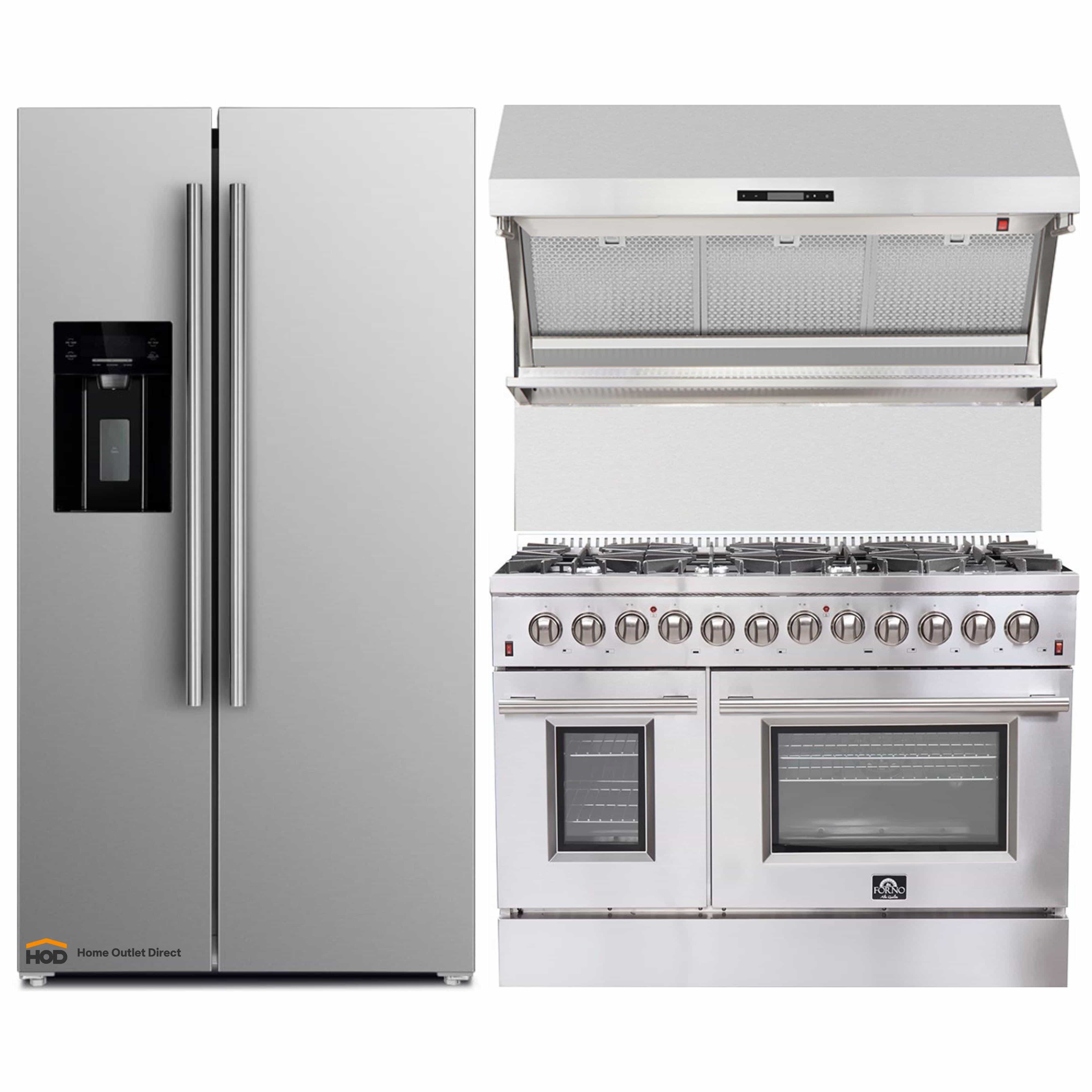 Stainless refrigerator, wall hood, and dual-fuel range in one appliance package.