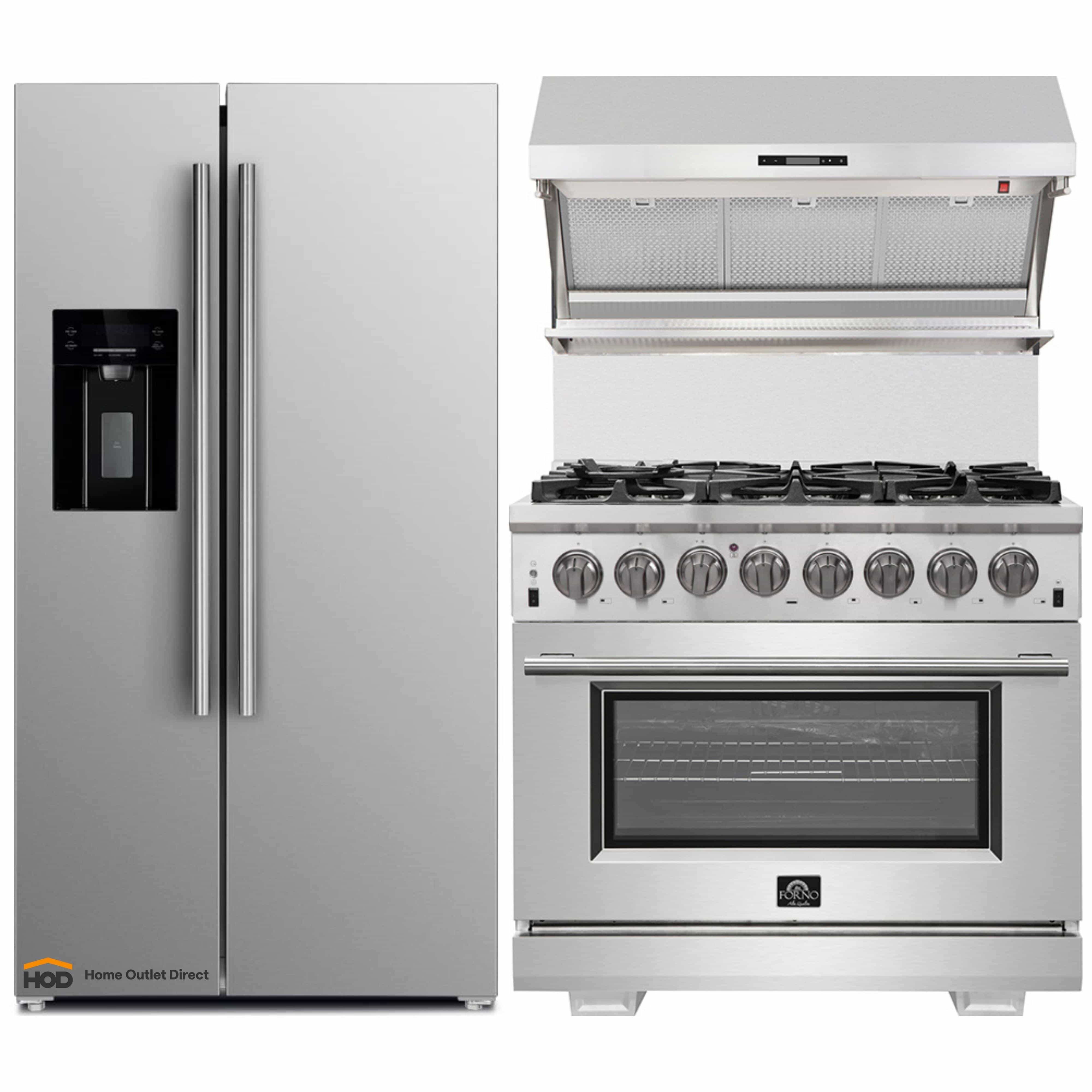 Stainless refrigerator beside a stainless dual fuel range with control knobs and oven door.