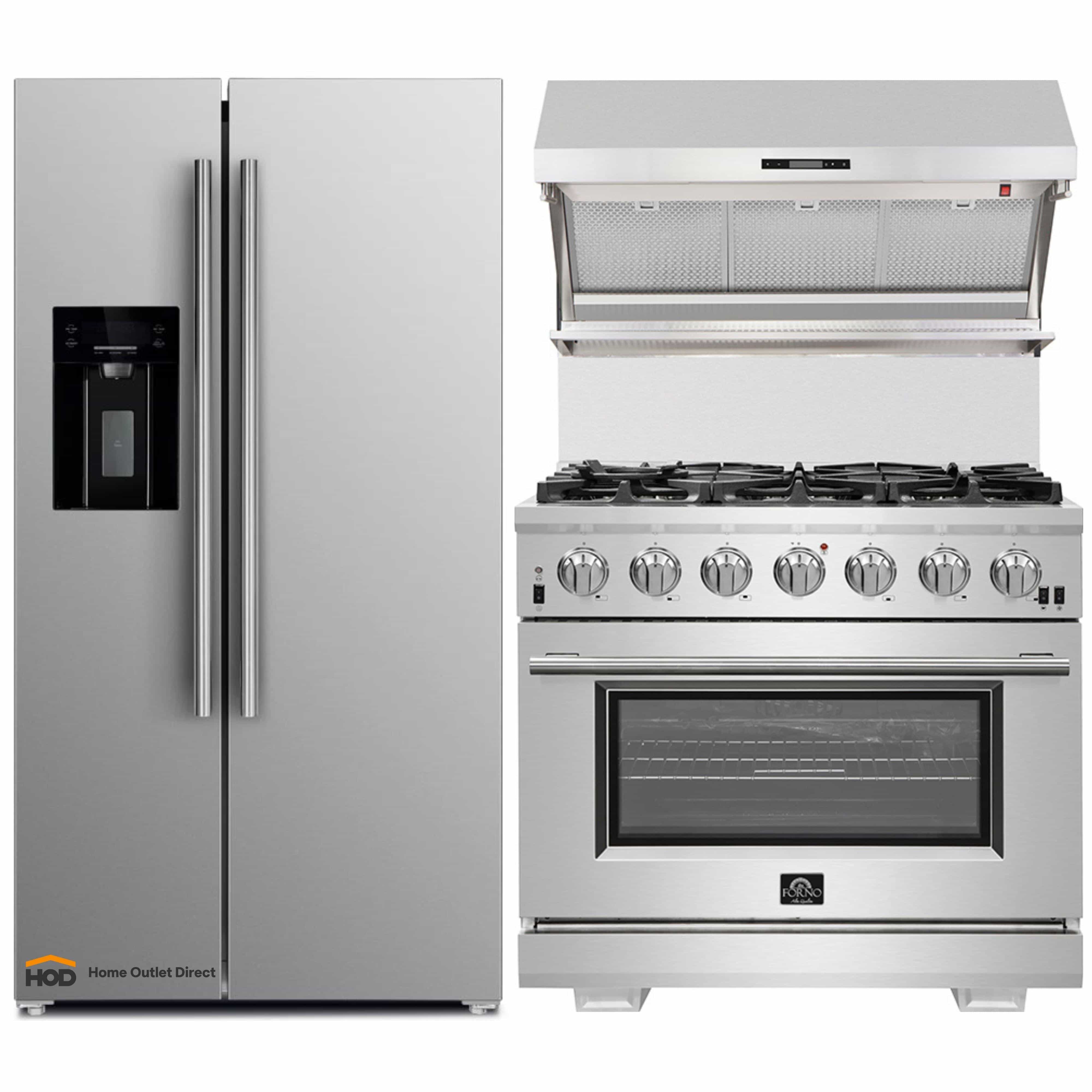 Stainless steel refrigerator and gas range combo with water dispenser and burners