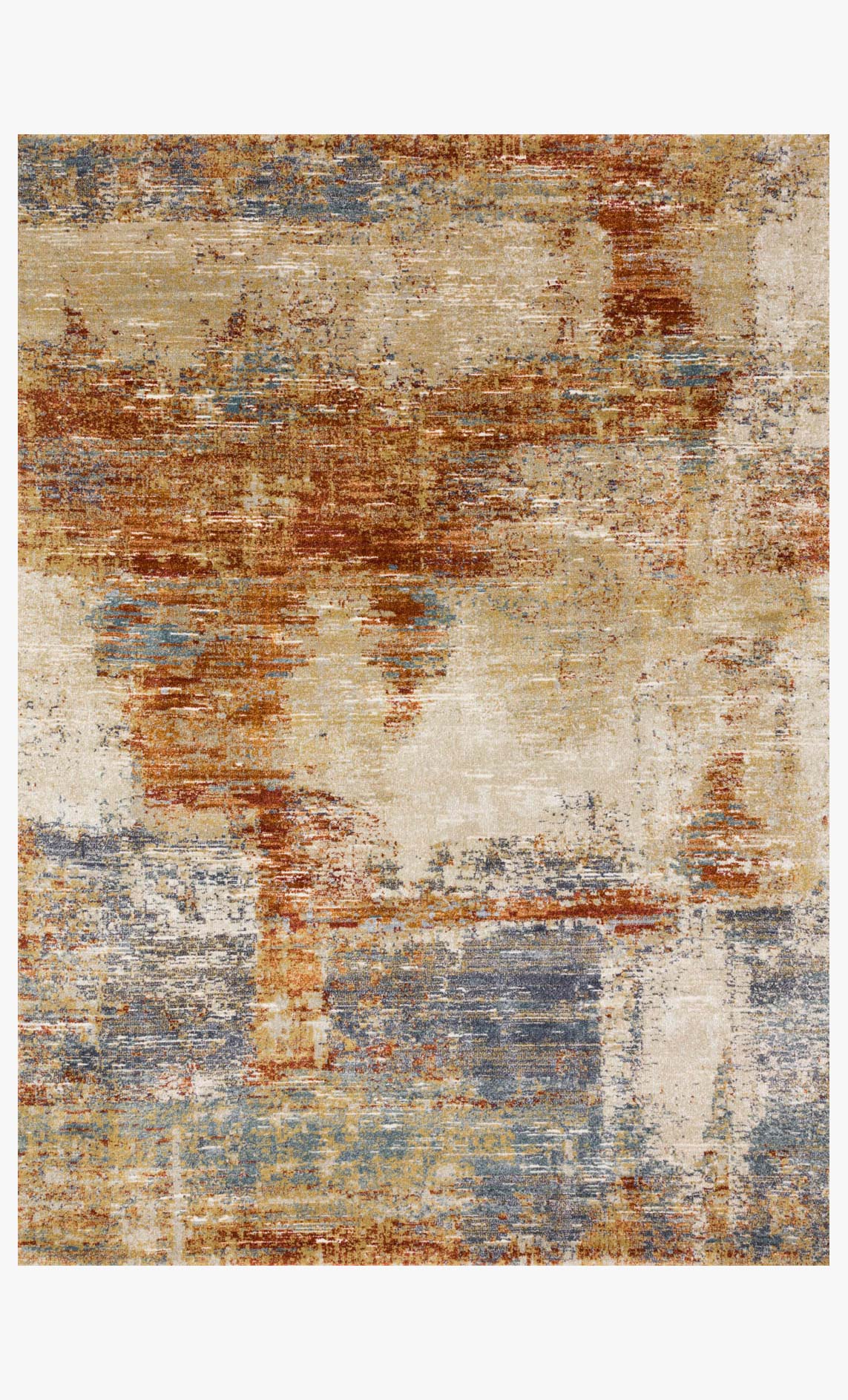 Terracotta abstract power-loomed rug with mottled beige, blue, and rust texture