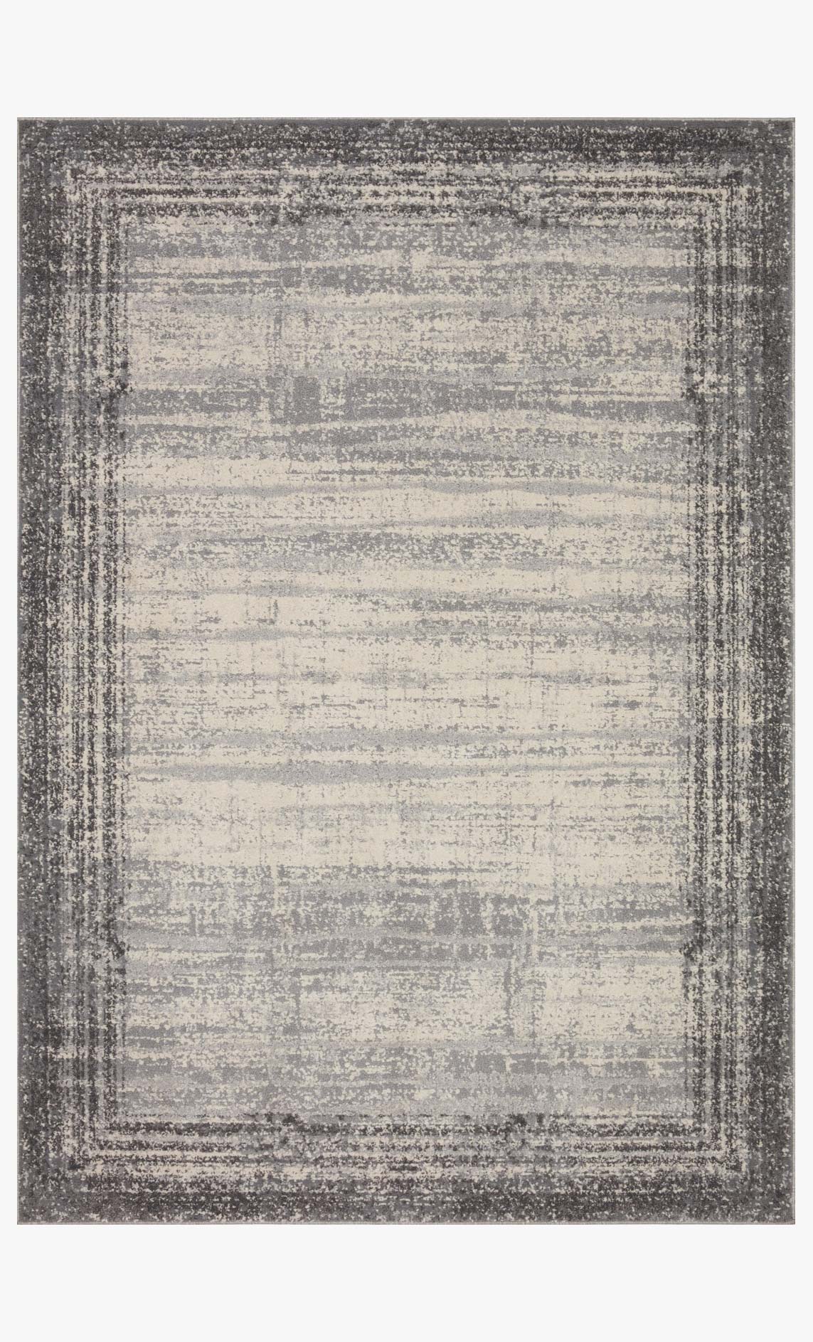 Rectangular pebble-and-charcoal power loomed rug with distressed linear pattern and border