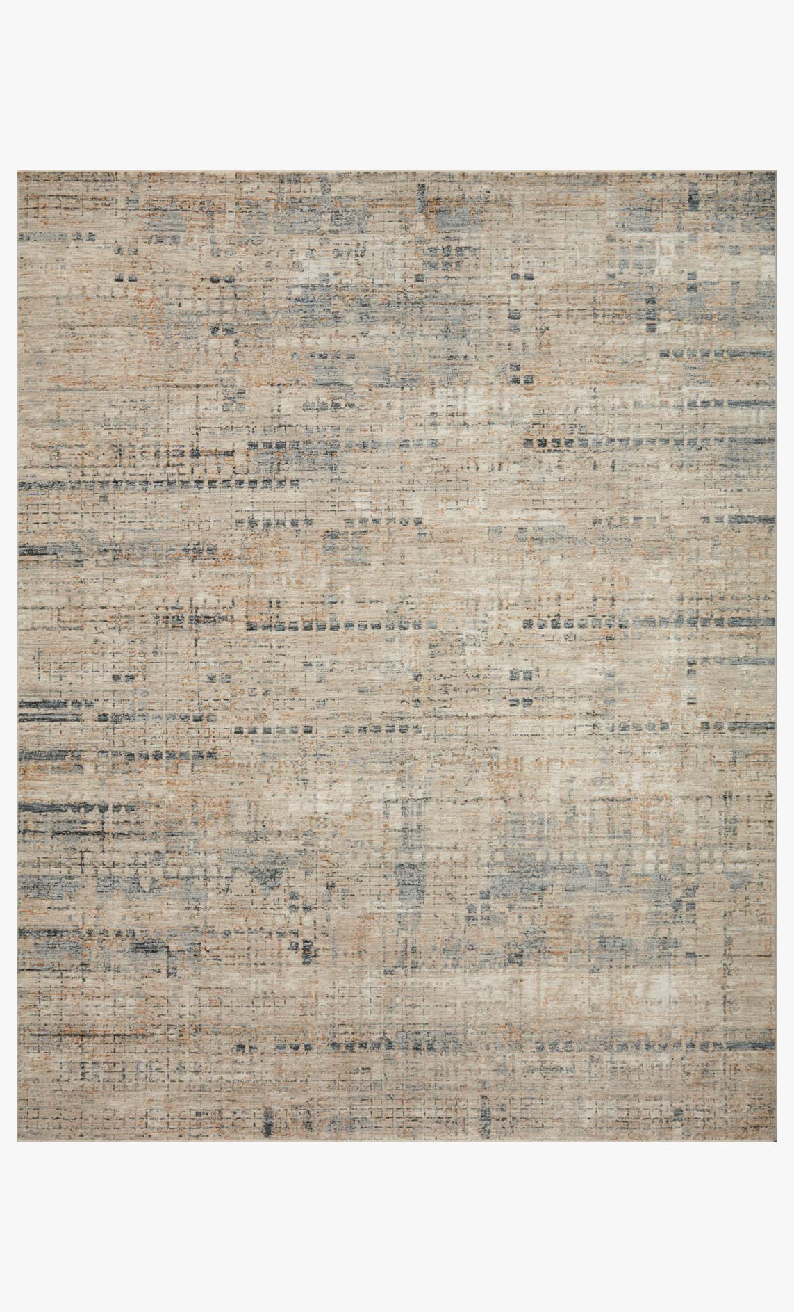 Power loom area rug with stone beige base and blue-gray distressed pattern