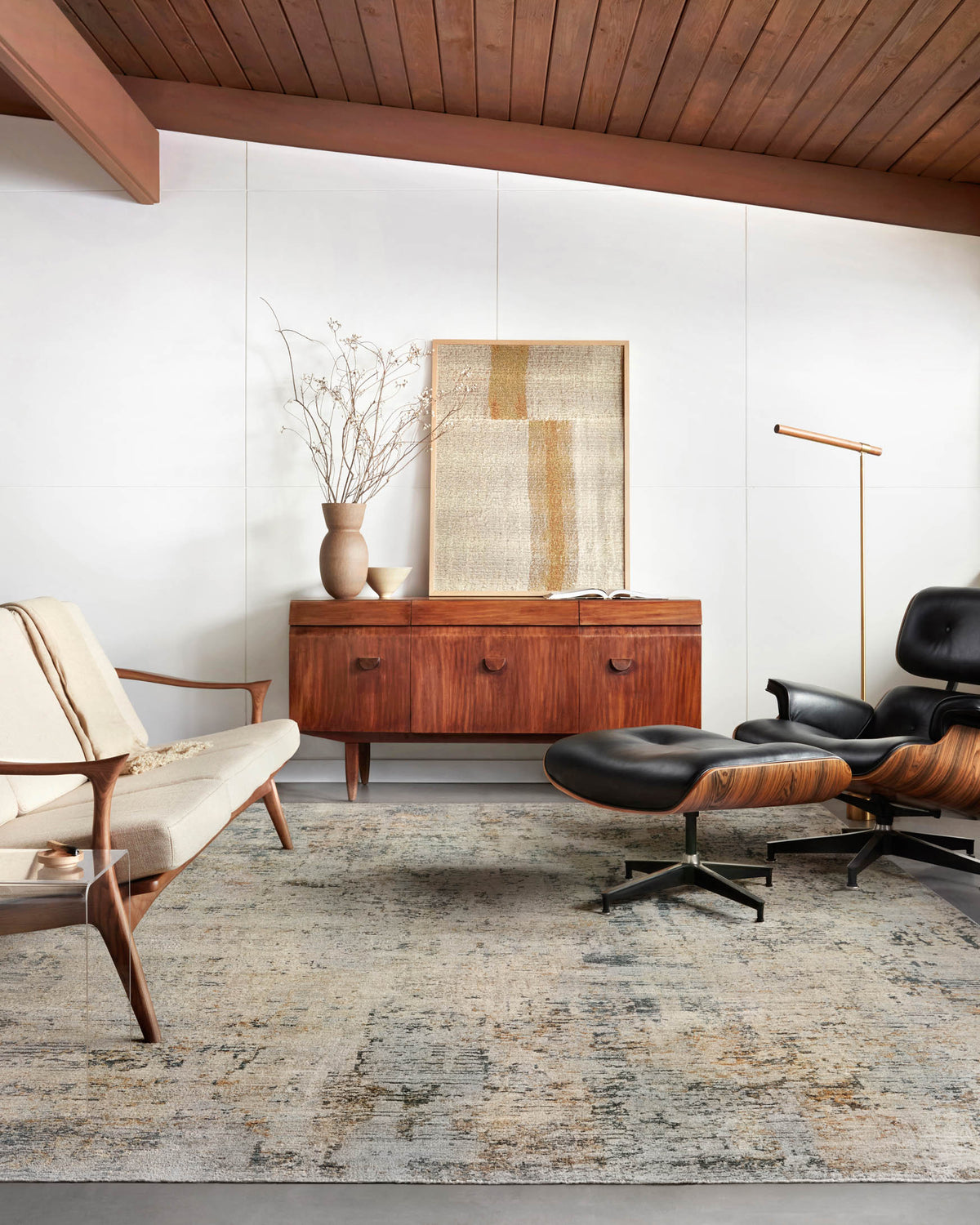 Beige and sky abstract area rug, distressed texture with dense pattern