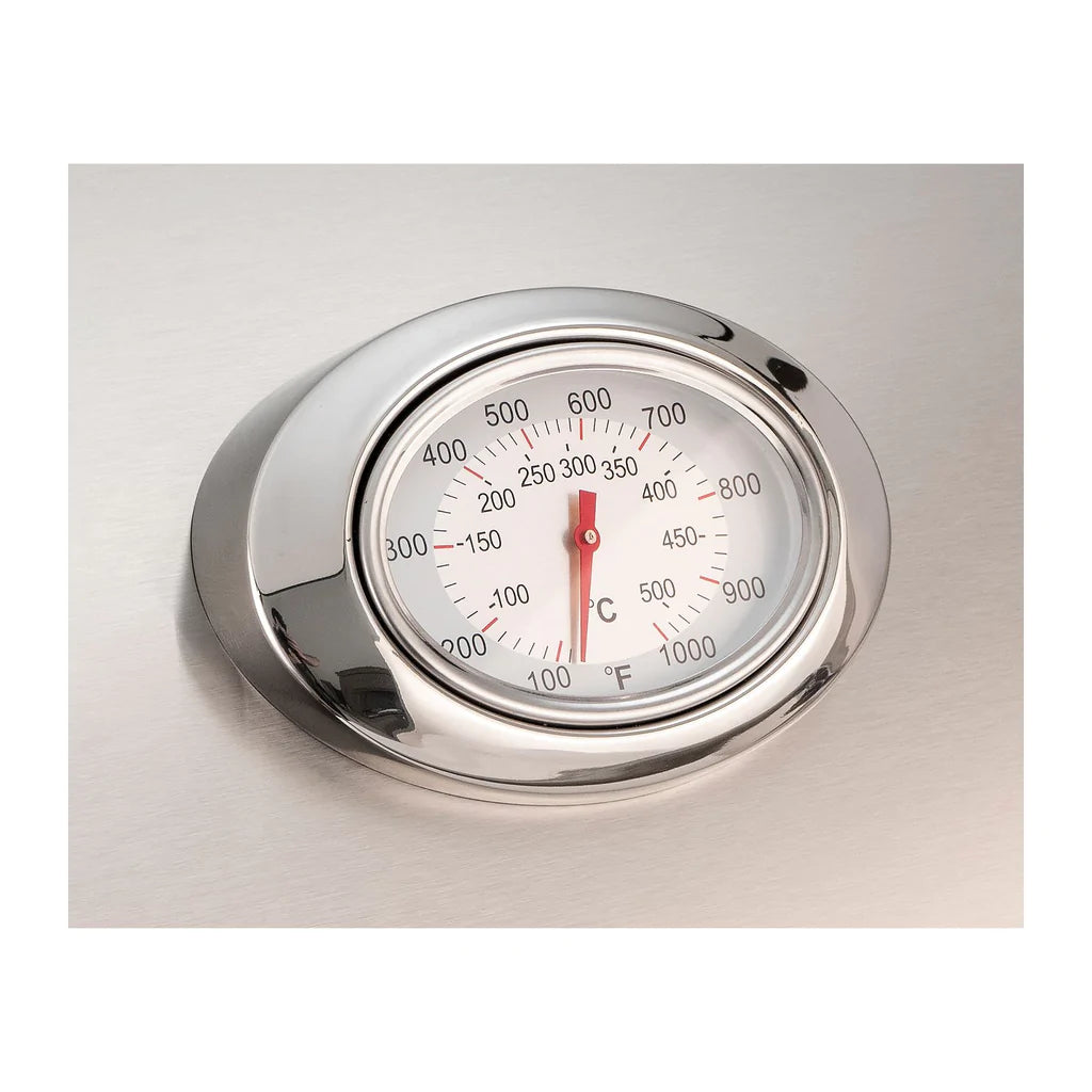 Chrome analog grill thermometer with dual scale and red indicator needle