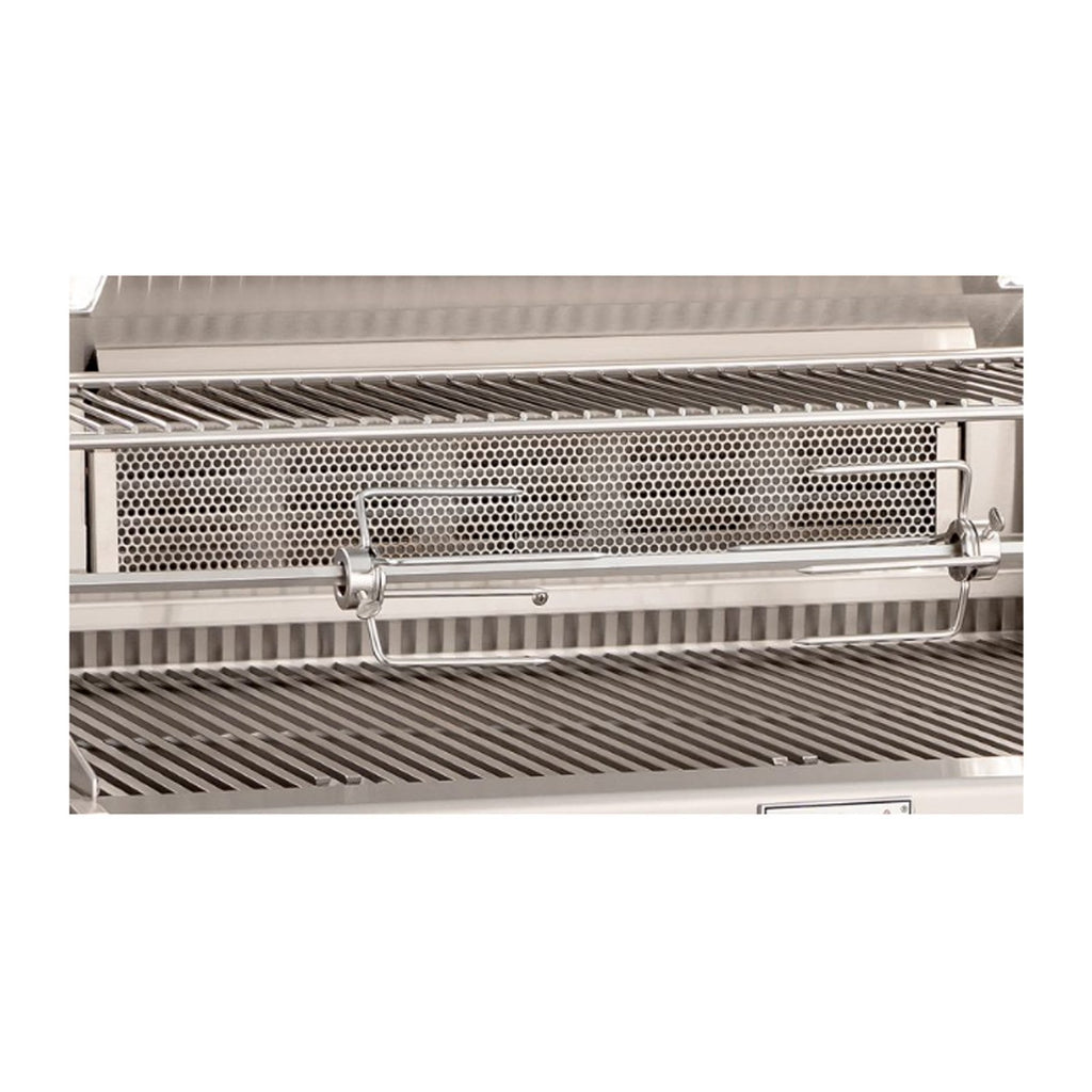 Propane grill underside with perforated heat shield and removable rotisserie-style bracket