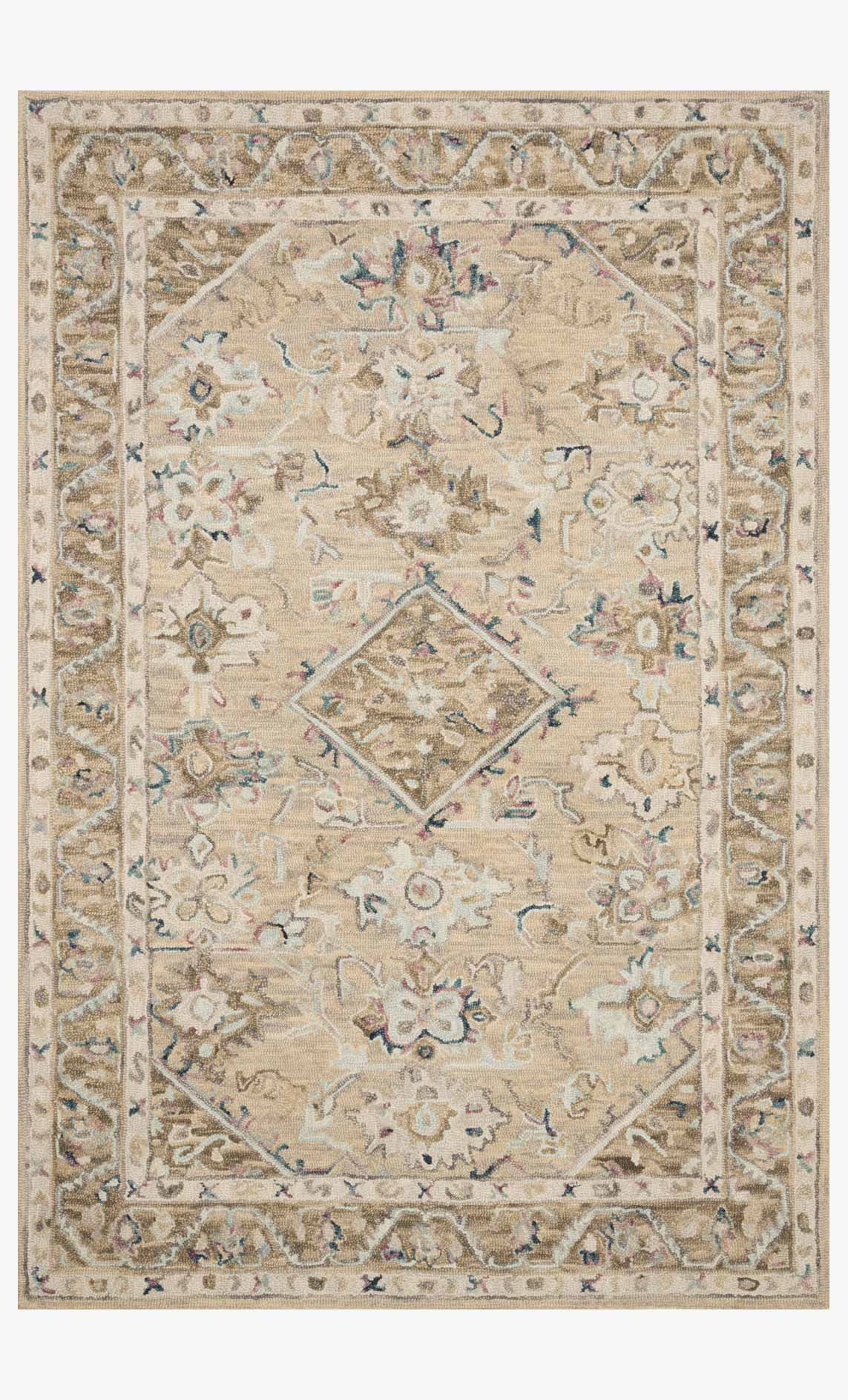 Traditional hooked rug with beige and ivory base, ornate border and medallion motif.