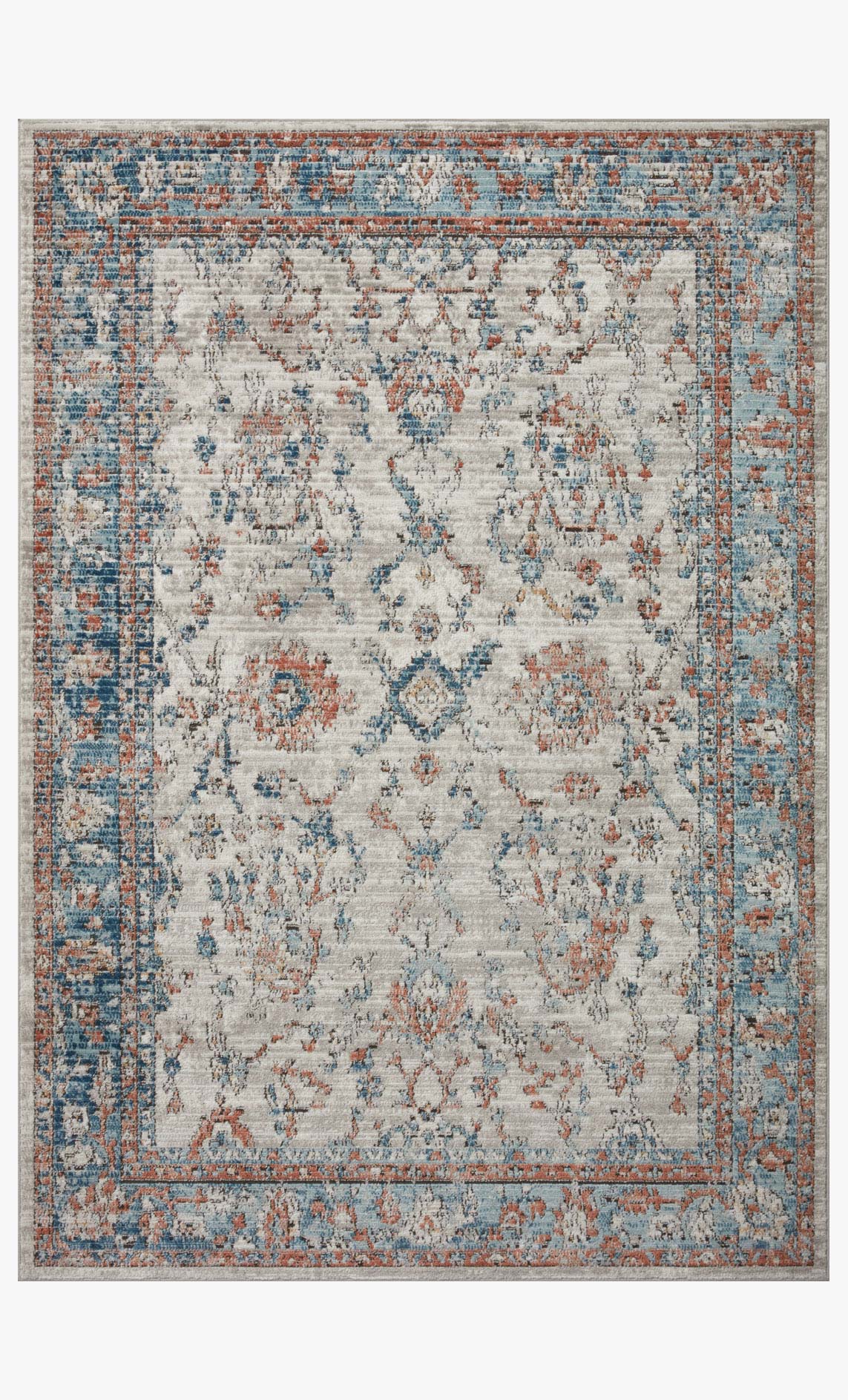 Contemporary power-loomed rug with distressed medallion pattern in dove, blue, and rust