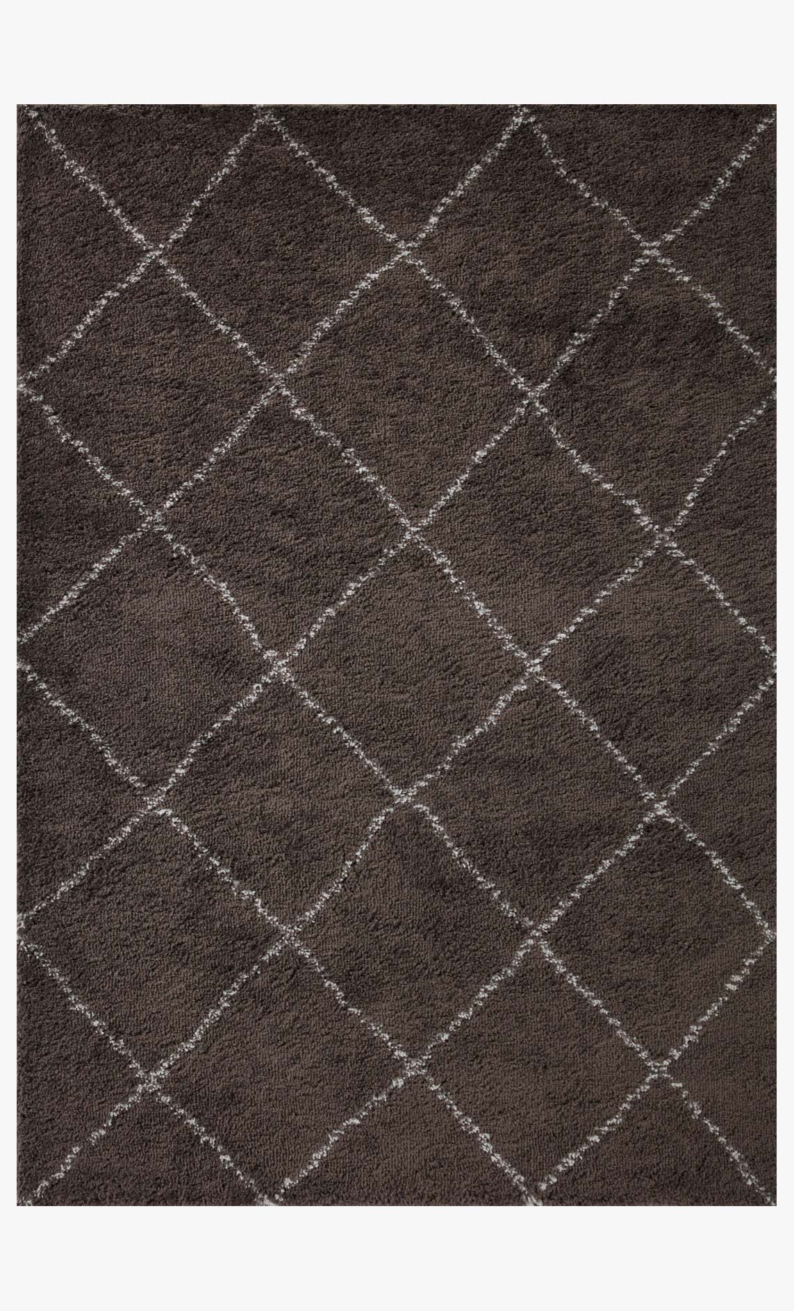Shag rug with dark bark brown pile and light grey diamond lattice pattern.