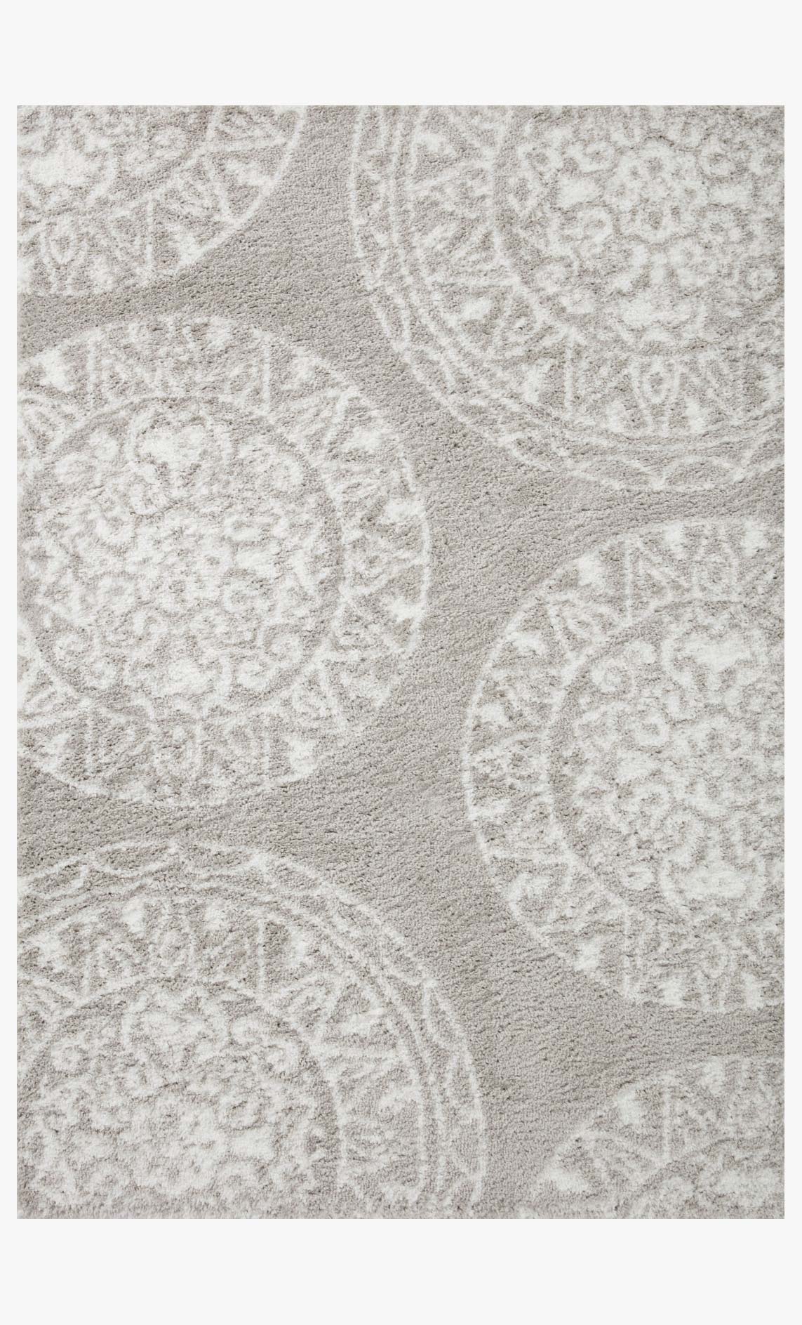 Grey and white shag power-loomed rug with swirling medallion pattern