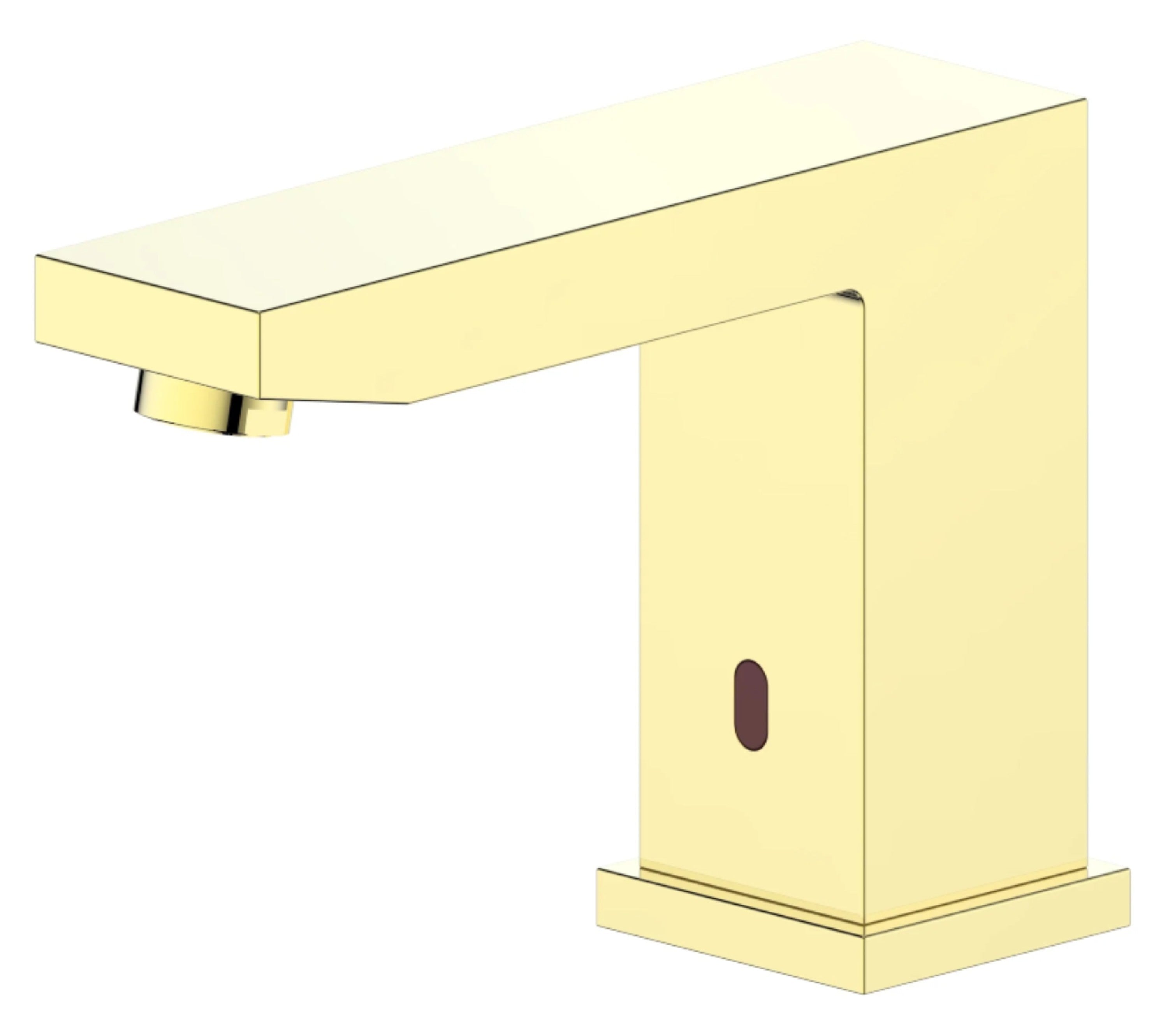 Touchless bathroom faucet with polished gold finish and built-in sensor panel