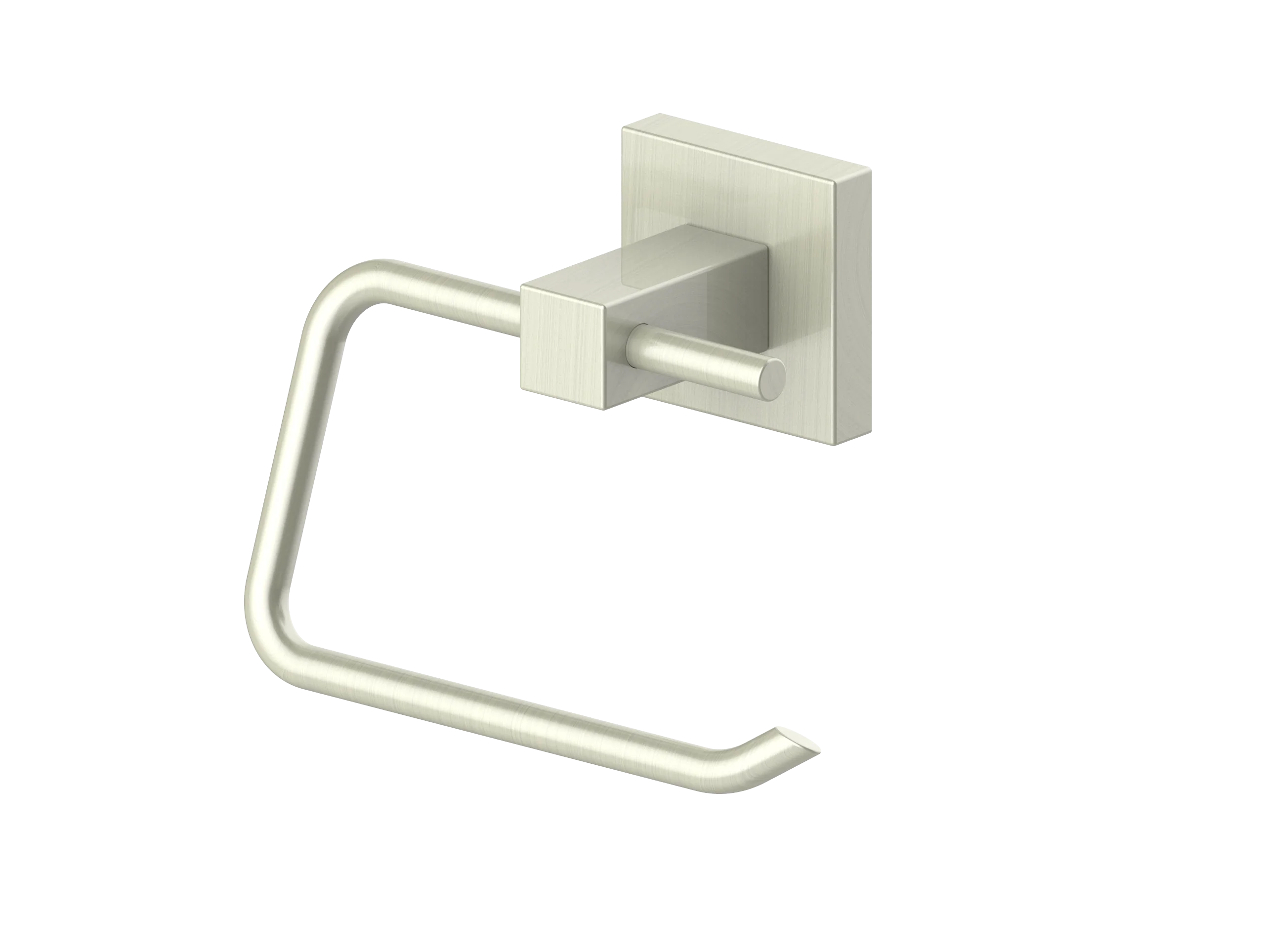 Brushed nickel wall-mounted toilet paper holder with L-shaped arm and round rod