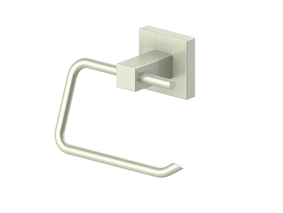 Brushed nickel towel hook with U-shaped bar and square wall mounting plate.