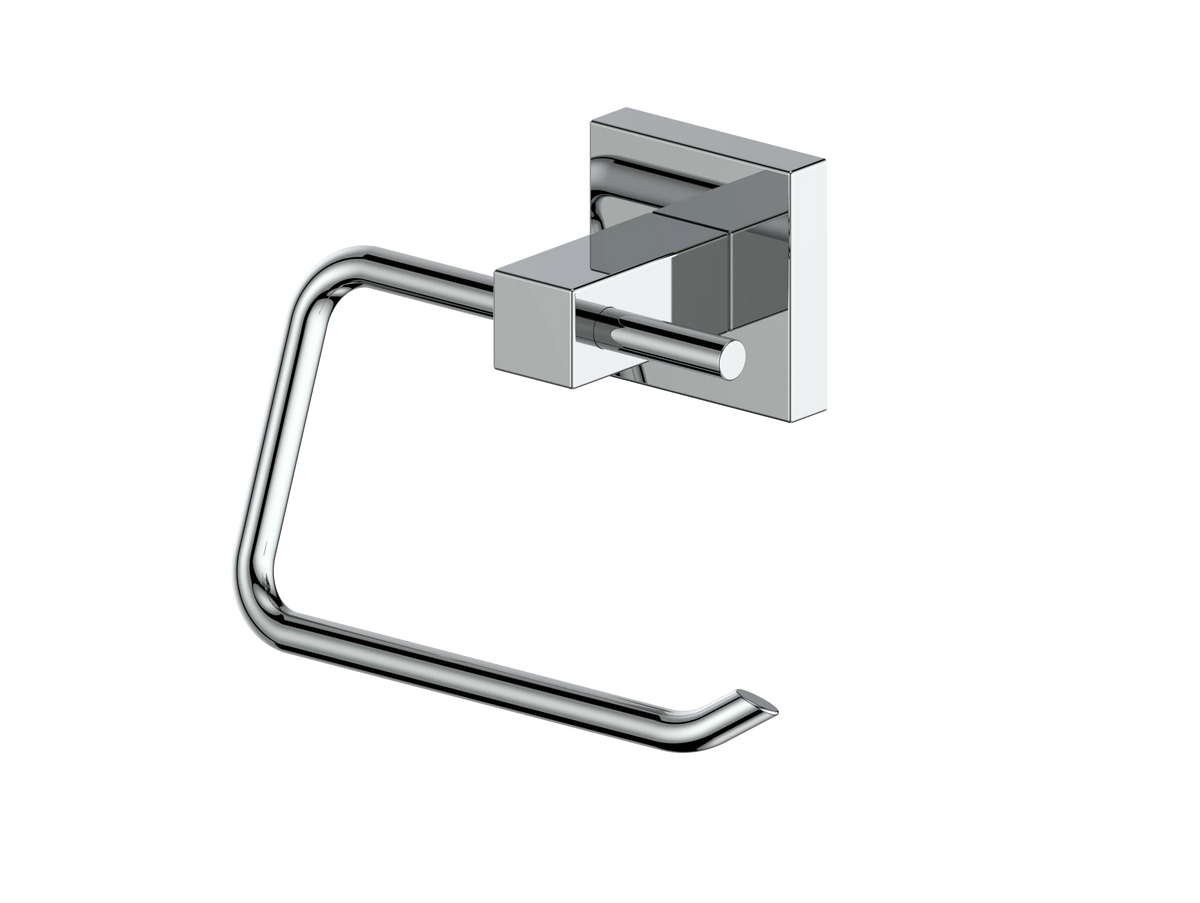 Chrome towel ring holder with curved ring and rectangular wall mounting plate.