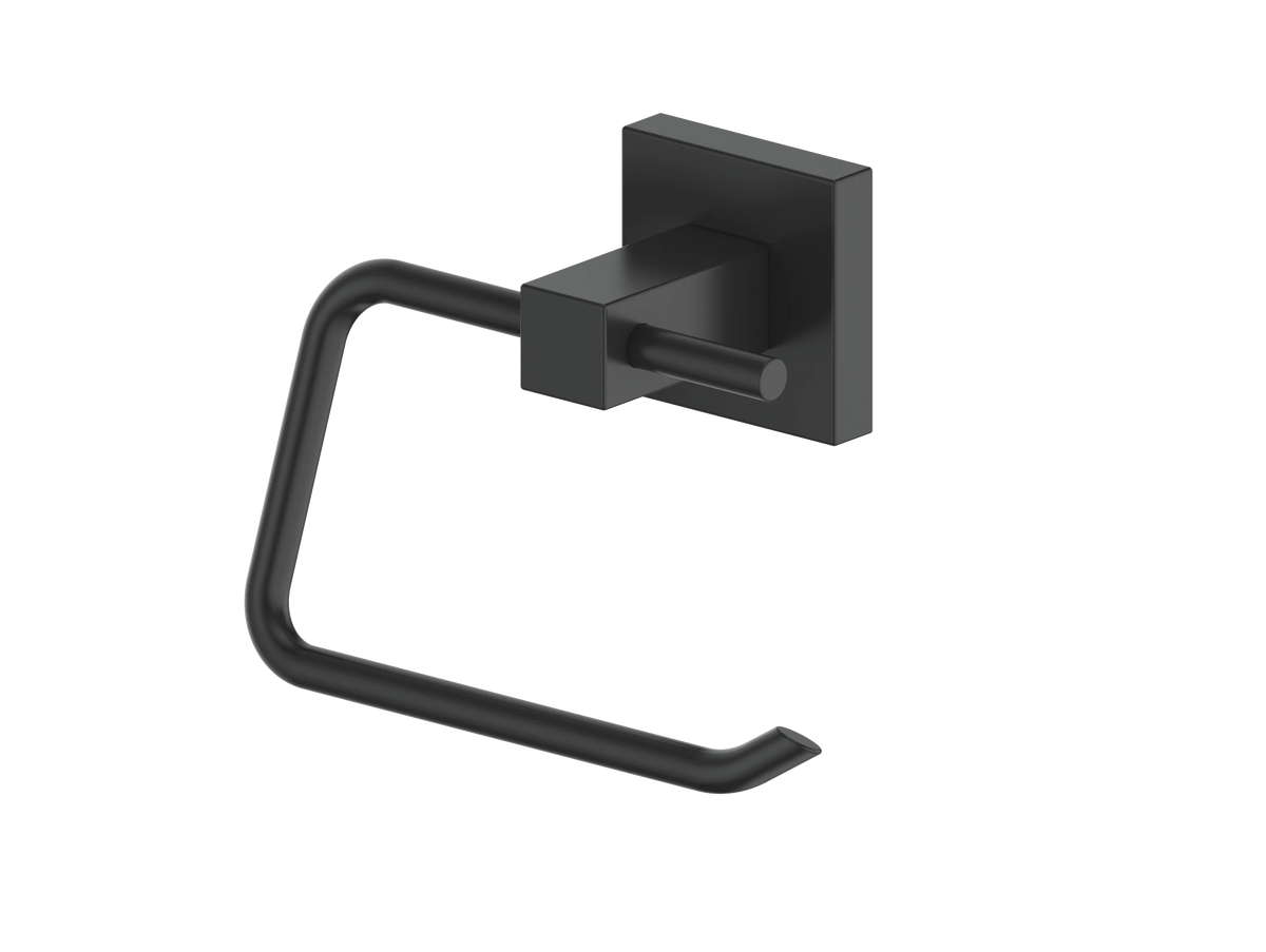 Matte black wall-mount faucet with curved spout and square control handles.