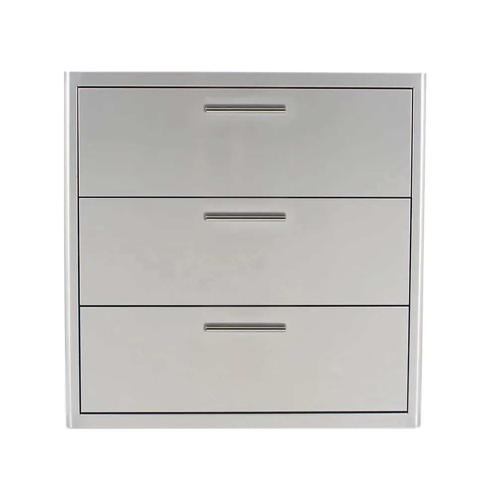 Light gray 30-inch triple-access drawer with three drawers and metal bar pulls