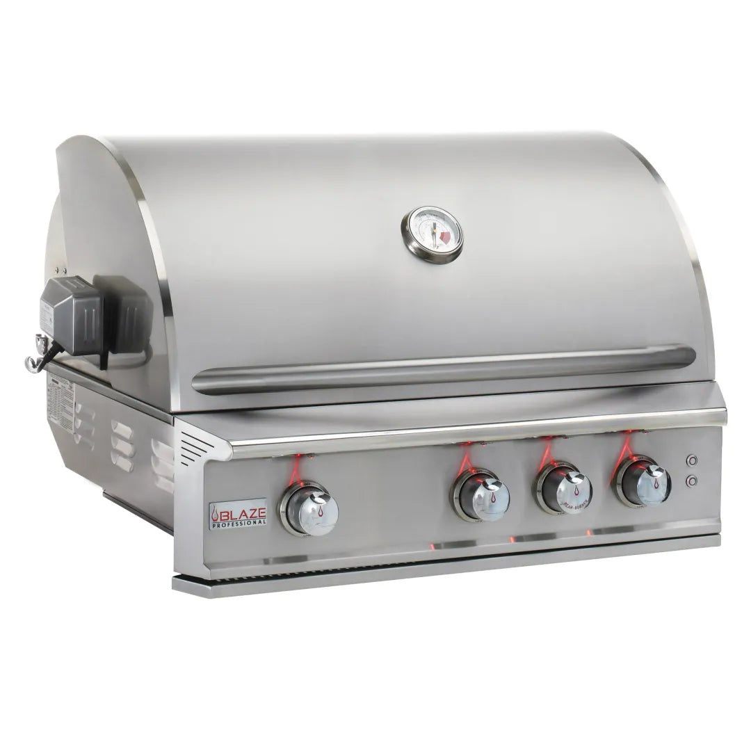Stainless steel 3-burner built-in natural gas grill with control knobs and lid thermometer