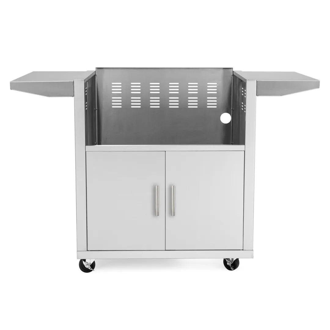 Metal griddle cart with vented black top, white double cabinet doors, side shelves, wheels