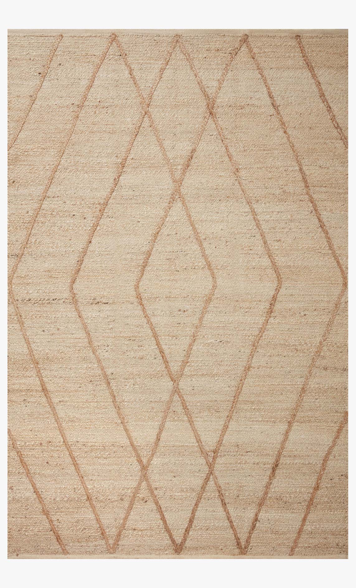Straight-on view of ivory and natural rug with geometric diamond pattern in rust