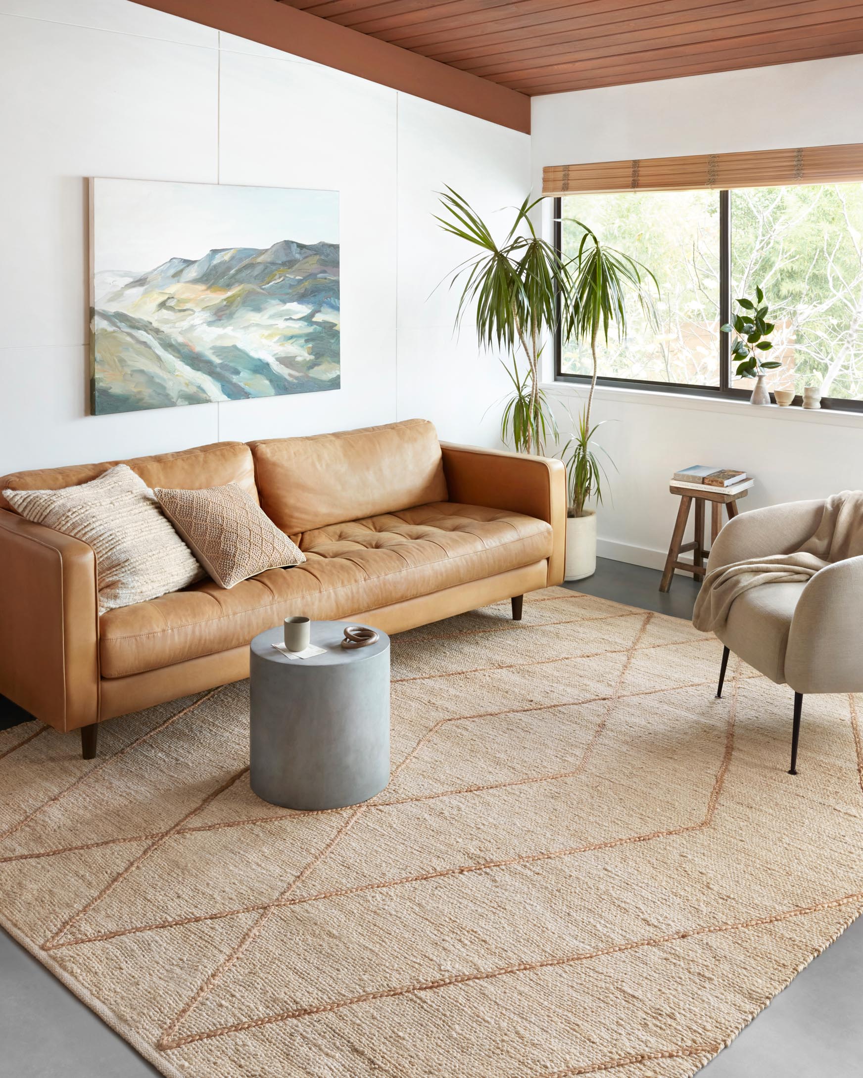 Ivory and natural hand-woven rug with diamond line pattern, rectangular layout