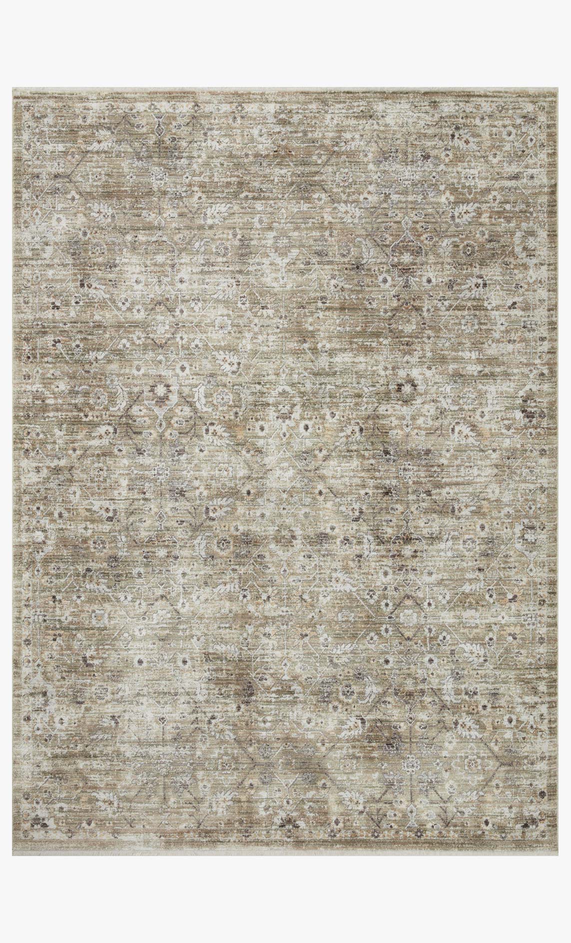 Traditional power-loomed rug with distressed pattern in moss and bark tones