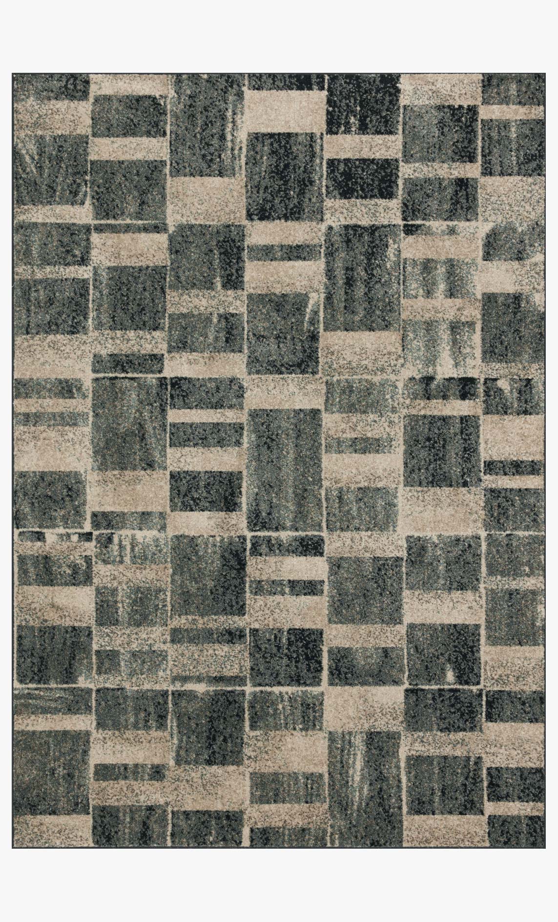 Area rug featuring a mosaic of square blocks in storm gray and sand beige