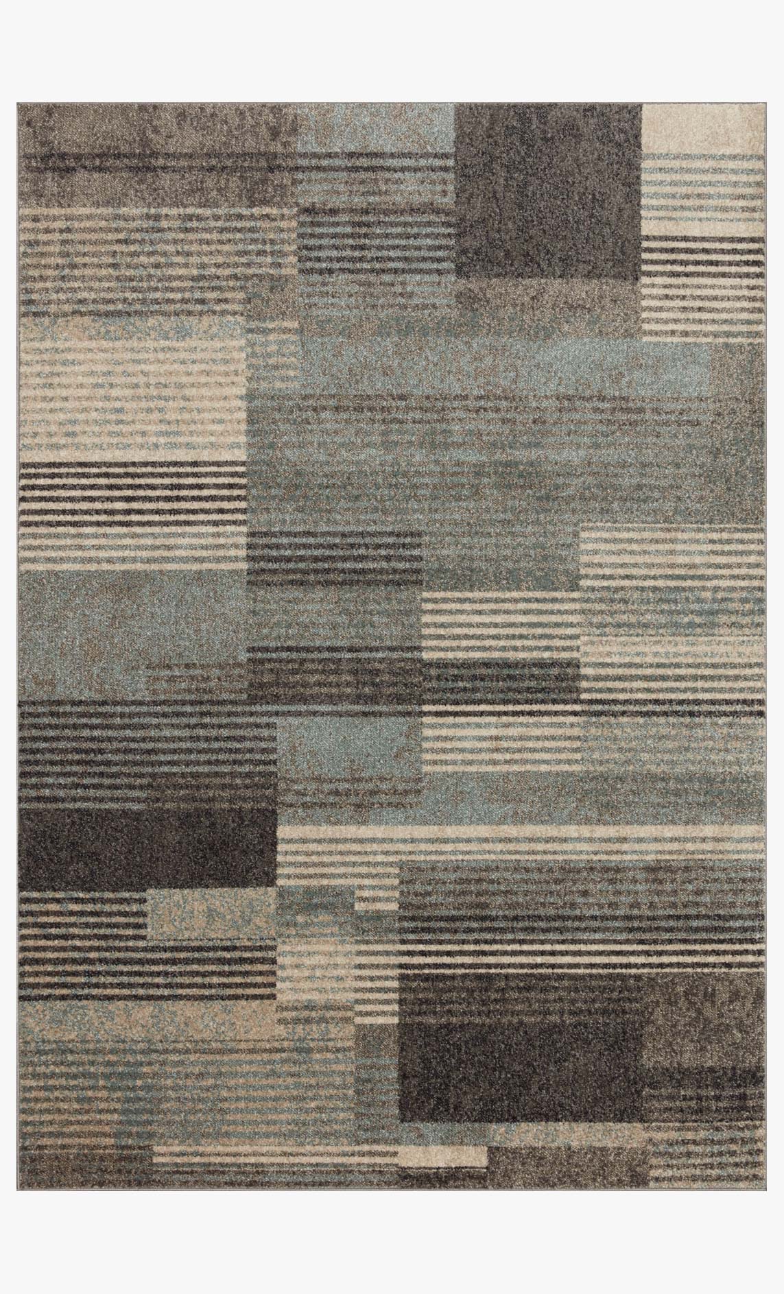 Storm and taupe abstract patchwork rug with horizontal stripe blocks, power-loomed design