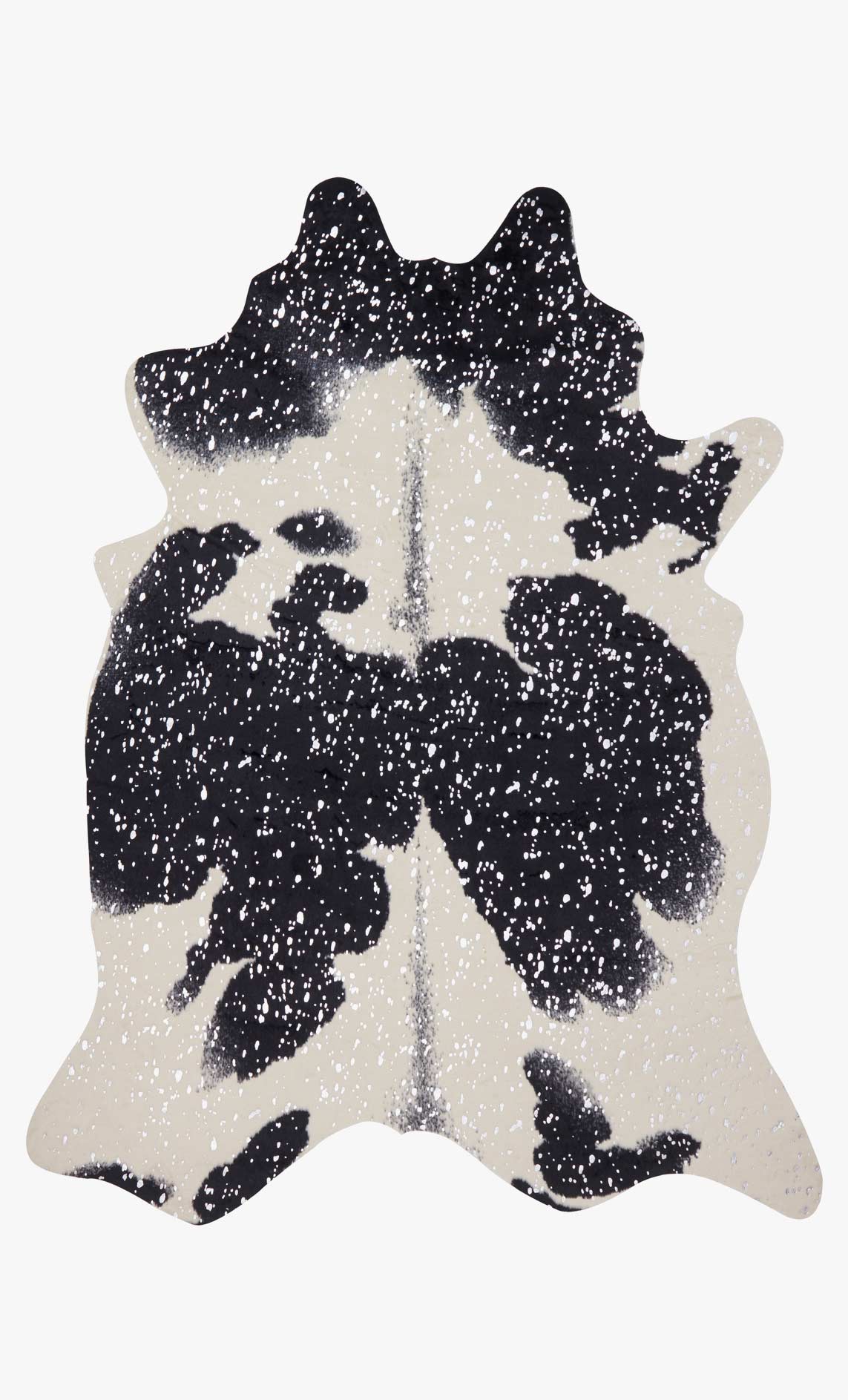 Full view of irregular cowhide-shaped rug in black with silver speckled pattern