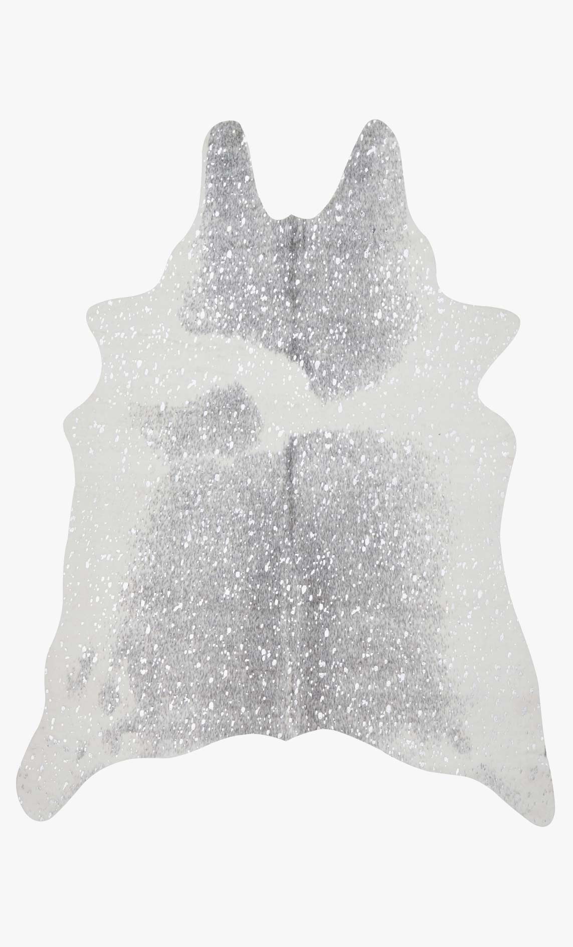 Grey and silver speckled area rug with irregular cowhide shape and plush texture