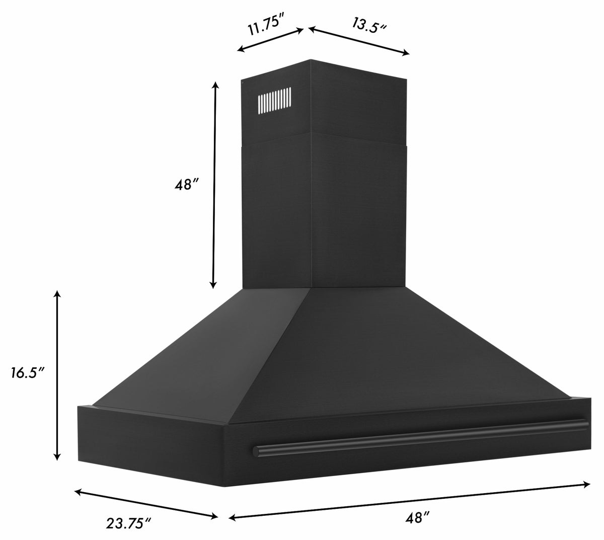 Black wall mount range hood dimensions diagram, 48 in wide and 23.75 in deep