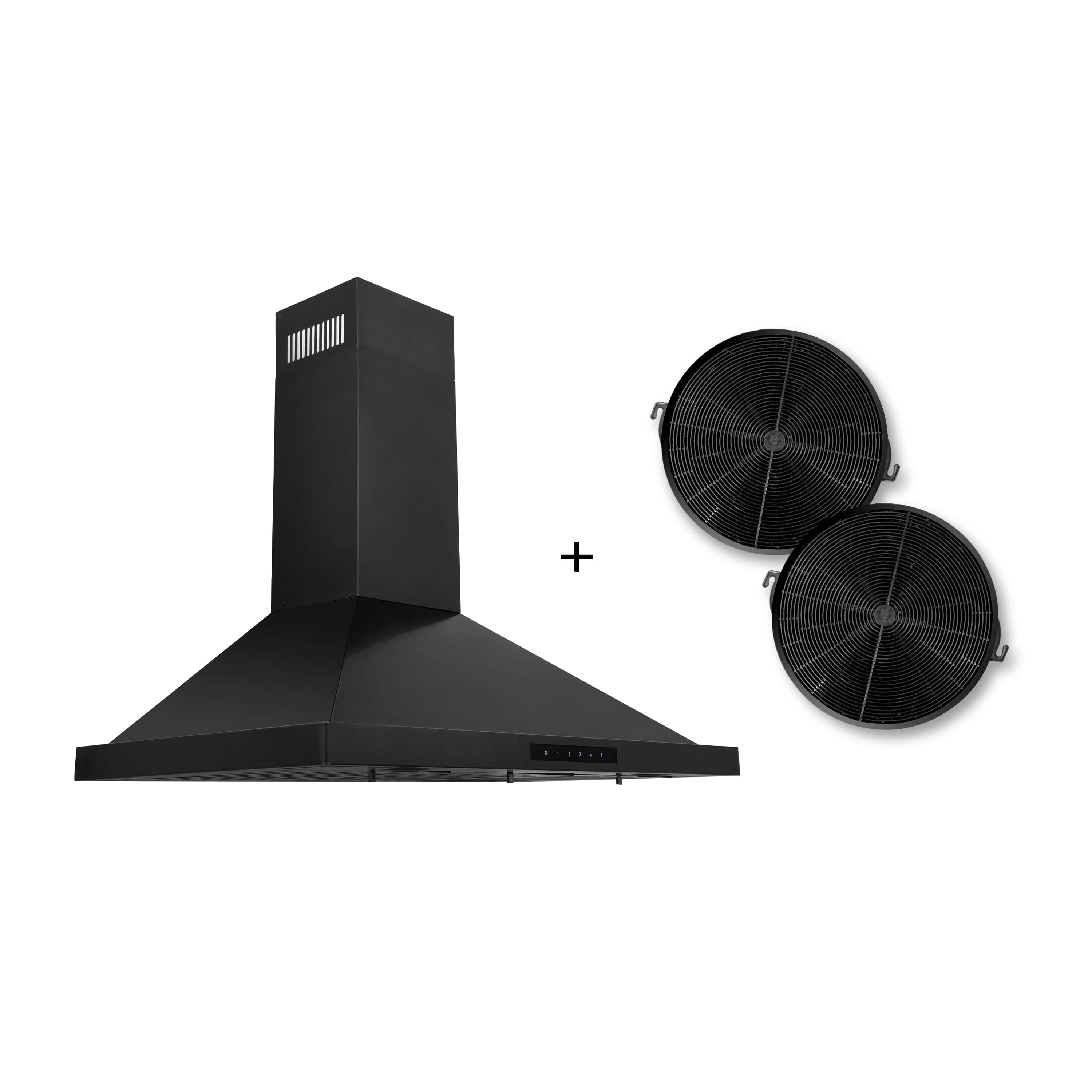 Black wall mount range hood with two round charcoal filters