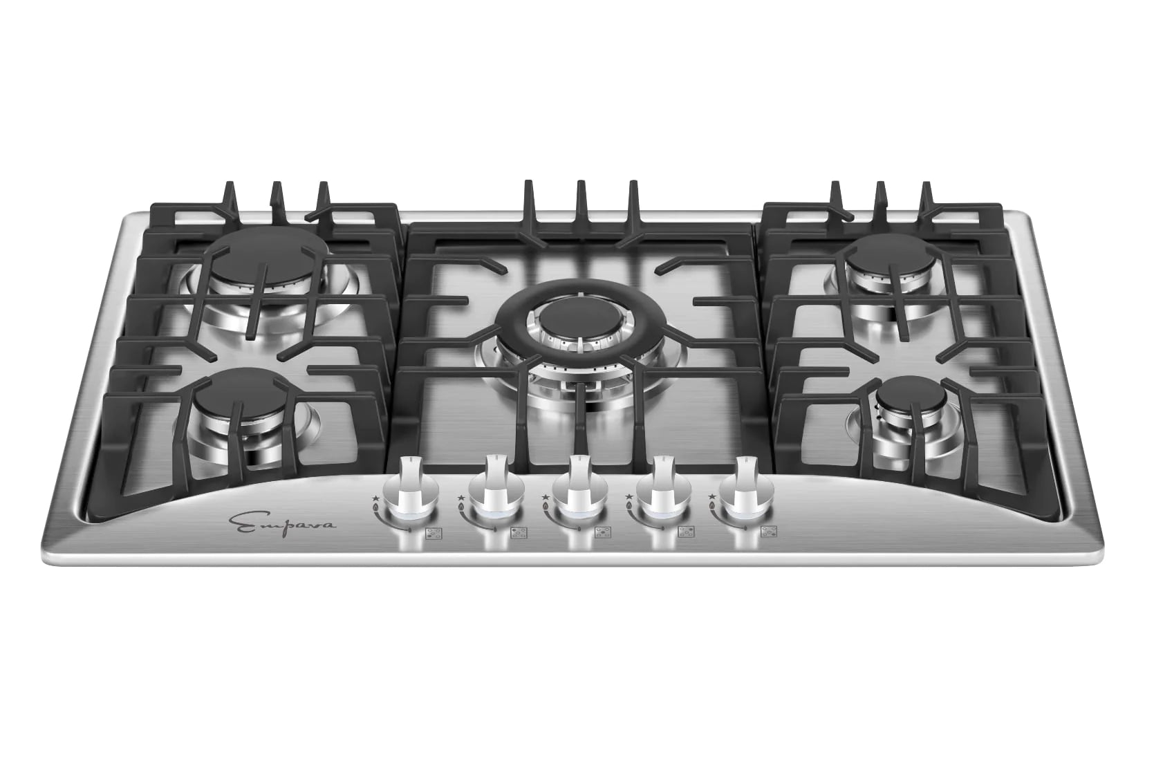 Natural gas cooktop with four burners and black grates; front controls and center burner visible.