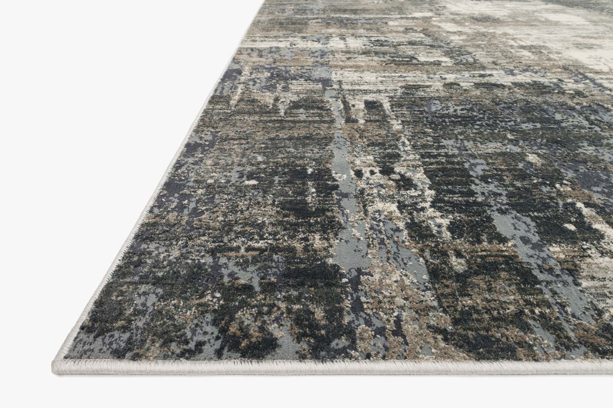 Power-loomed area rug, abstract distressed blocks in charcoal with ivory highlights