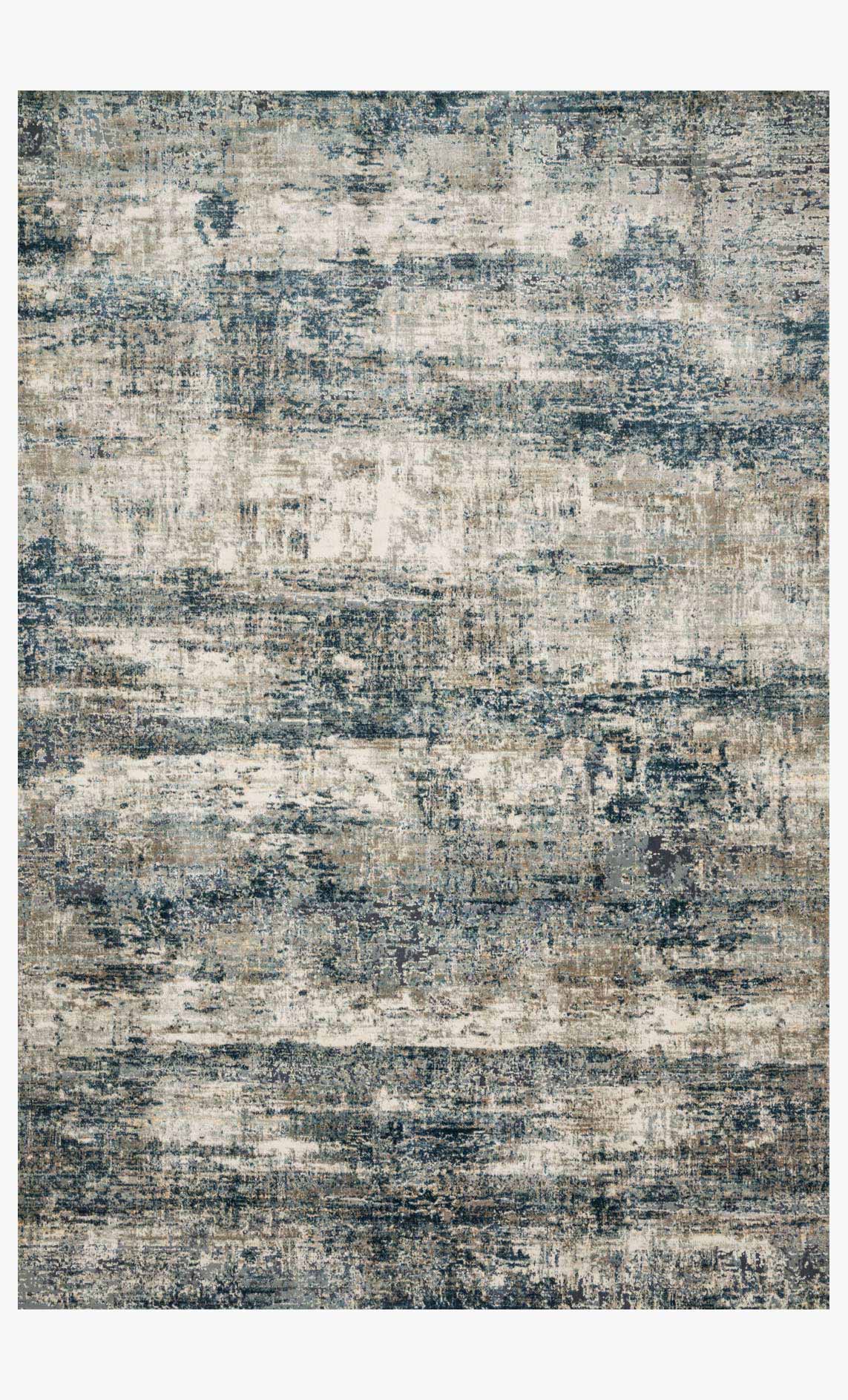 Abstract power-loomed rug with layered distressed marks in ocean and grey
