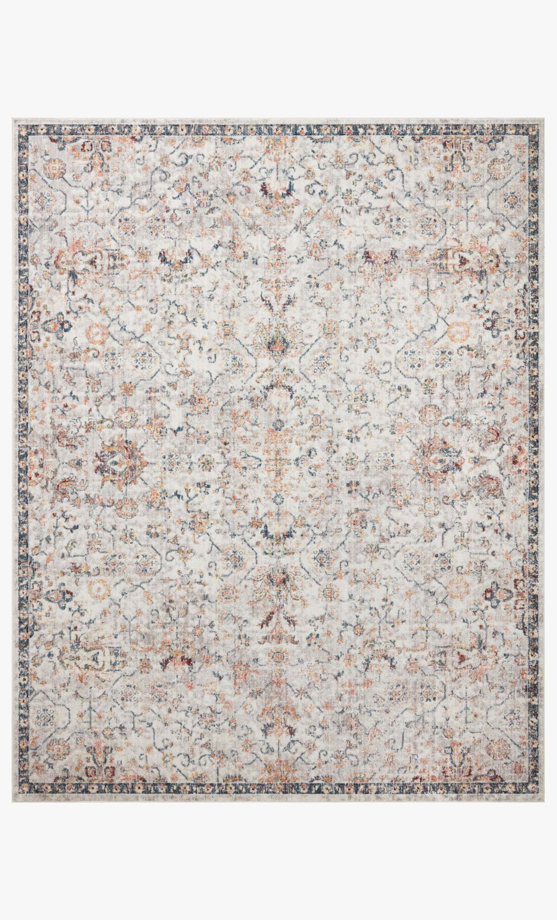 Traditional power-loomed area rug with light dove base, navy border, and floral medallion pattern