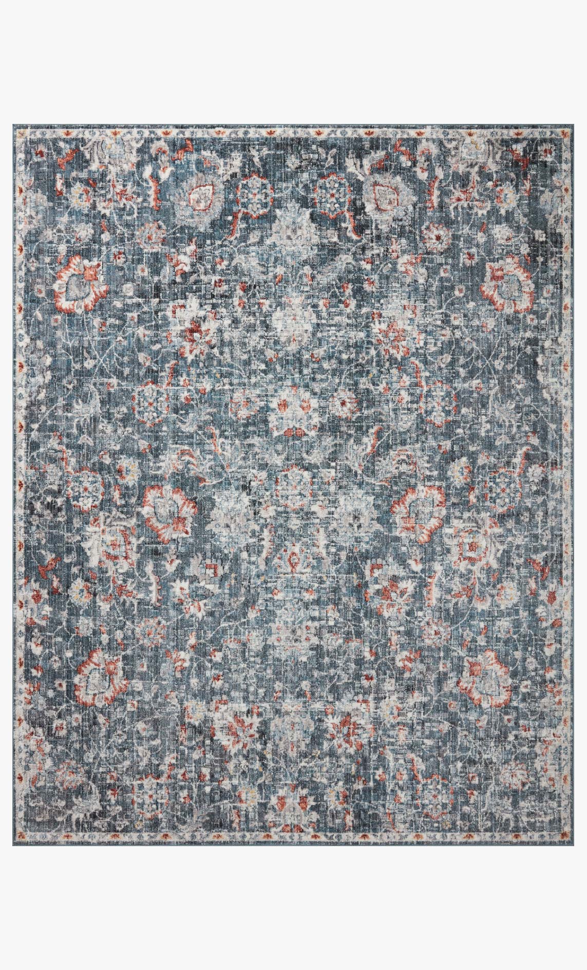 Traditional rug in muted blue with rust and cream ornamental pattern