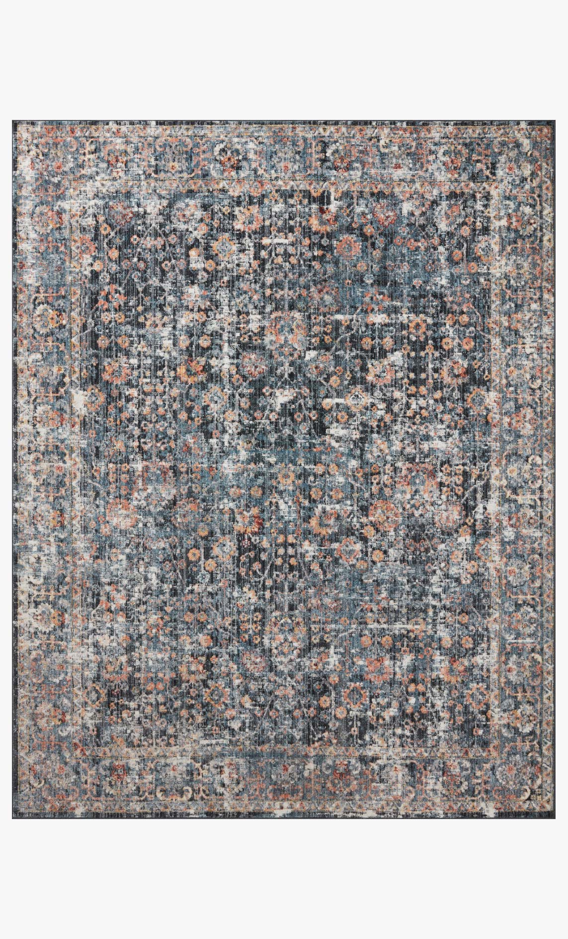 Blue area rug with distressed multicolor medallion pattern and dark border